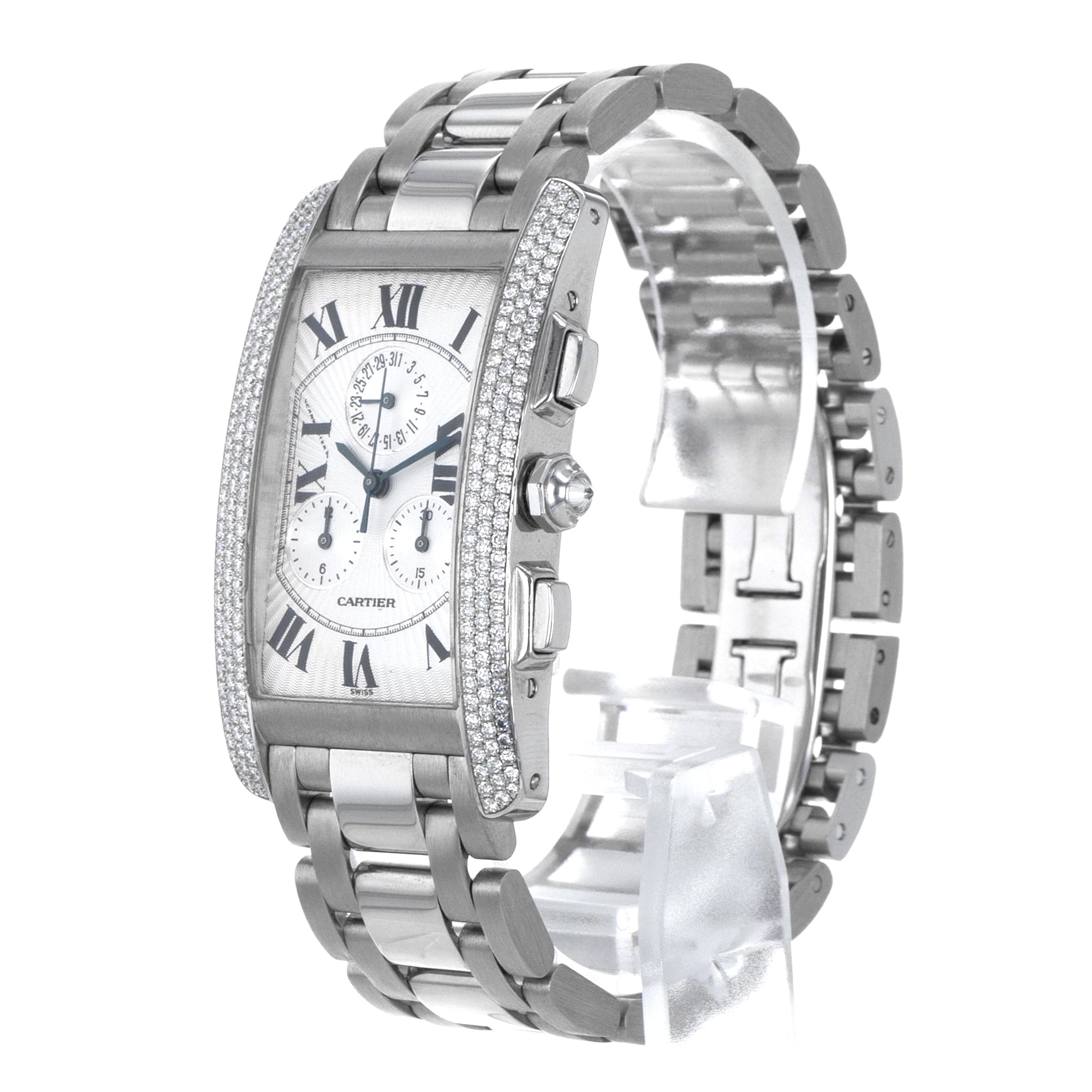 Cartier Tank Americaine WB704251 2339 Factory Diamonds 18k White Gold Mens Watch
