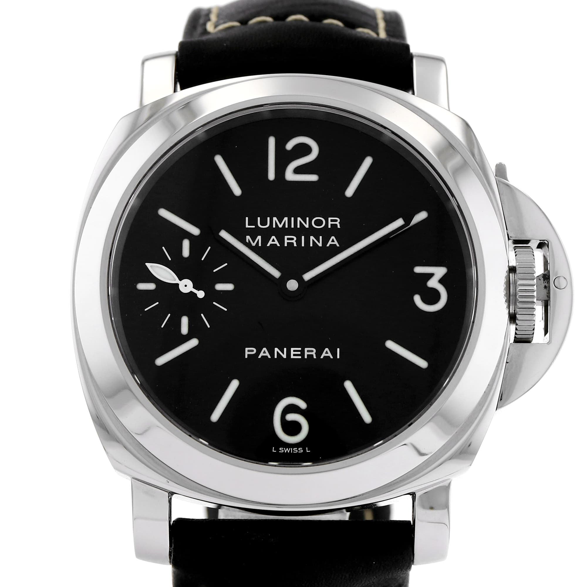 Panerai Luminor Marina PAM00111 44mm Black Index Arabic Steel Leather Mens Watch