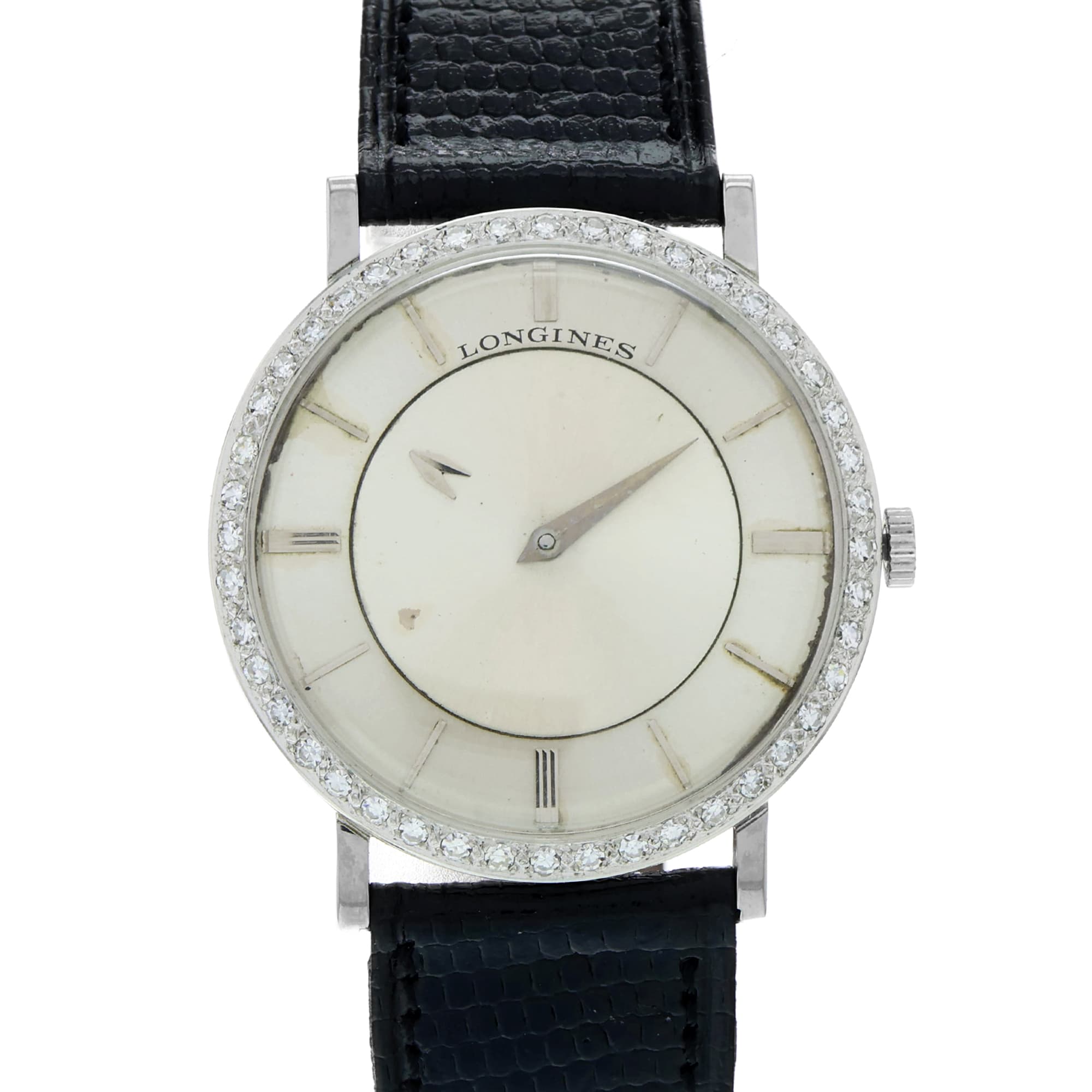 Longines Mystery Dial 167-B 32mm Diamond Index White Gold Leather Ladies Watch