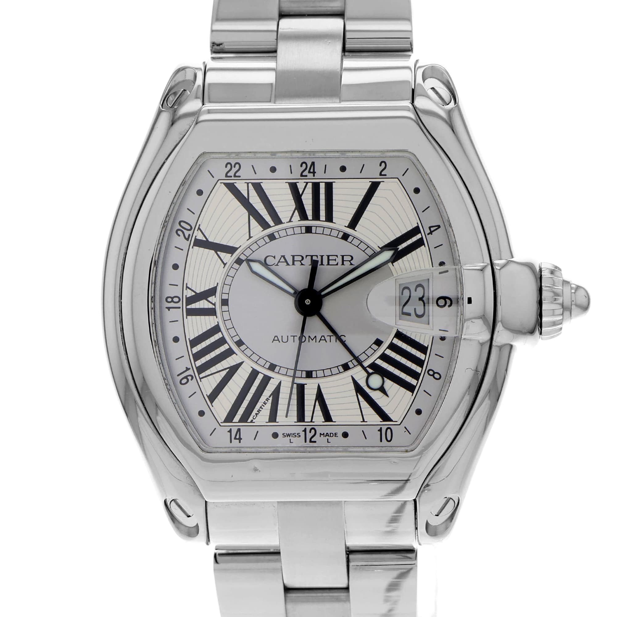 Cartier Roadster W62032X6 2722 GMT Silver Dial Automatic Mens