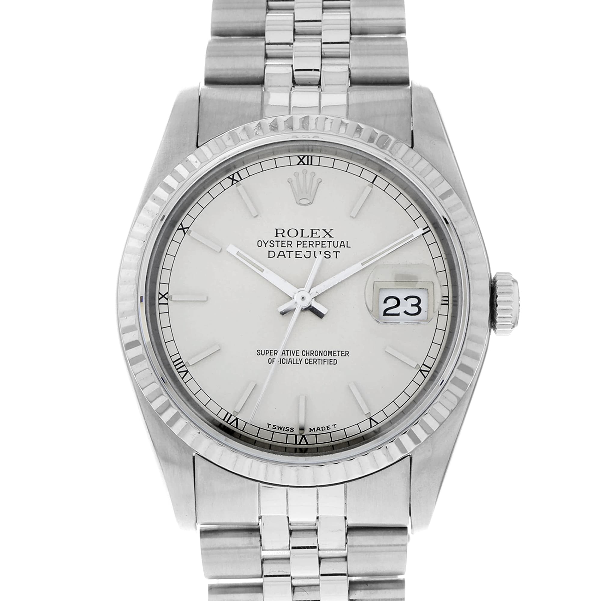 Rolex Datejust 16234 Silver Stick Dial Fluted Automatic Mens