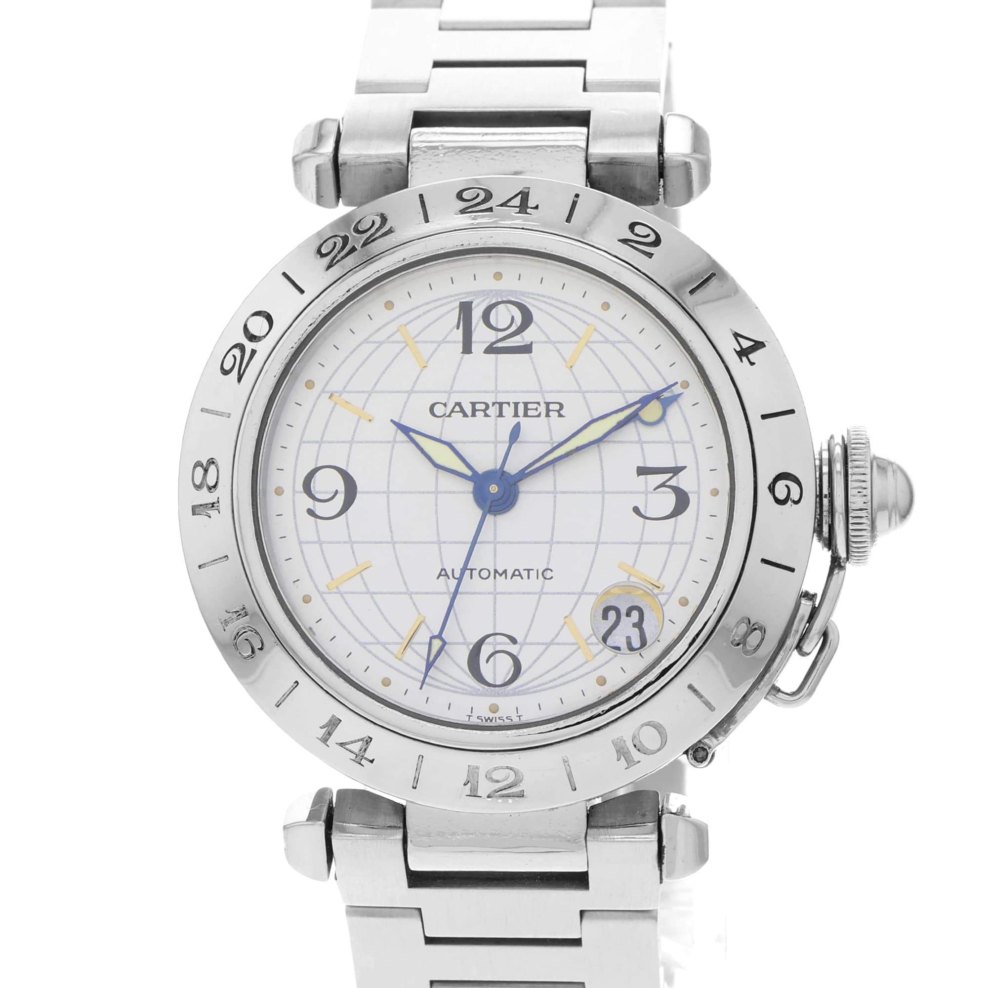 Cartier Pasha C W31029M7 2377 GMT Silver Dial Automatic Mens