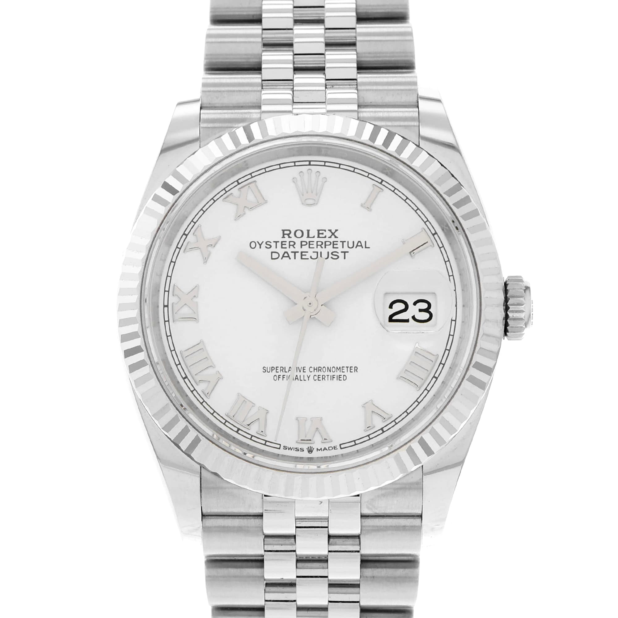 Rolex Datejust 36 126234 White Roman Fluted Jubilee 18k Mens