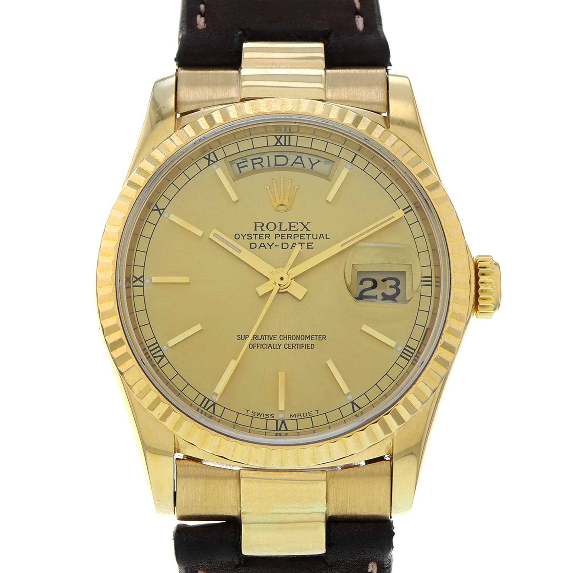 Rolex Day-Date 36 18038 Fluted Bezel 18K Yellow Gold Case Plated Buckle
