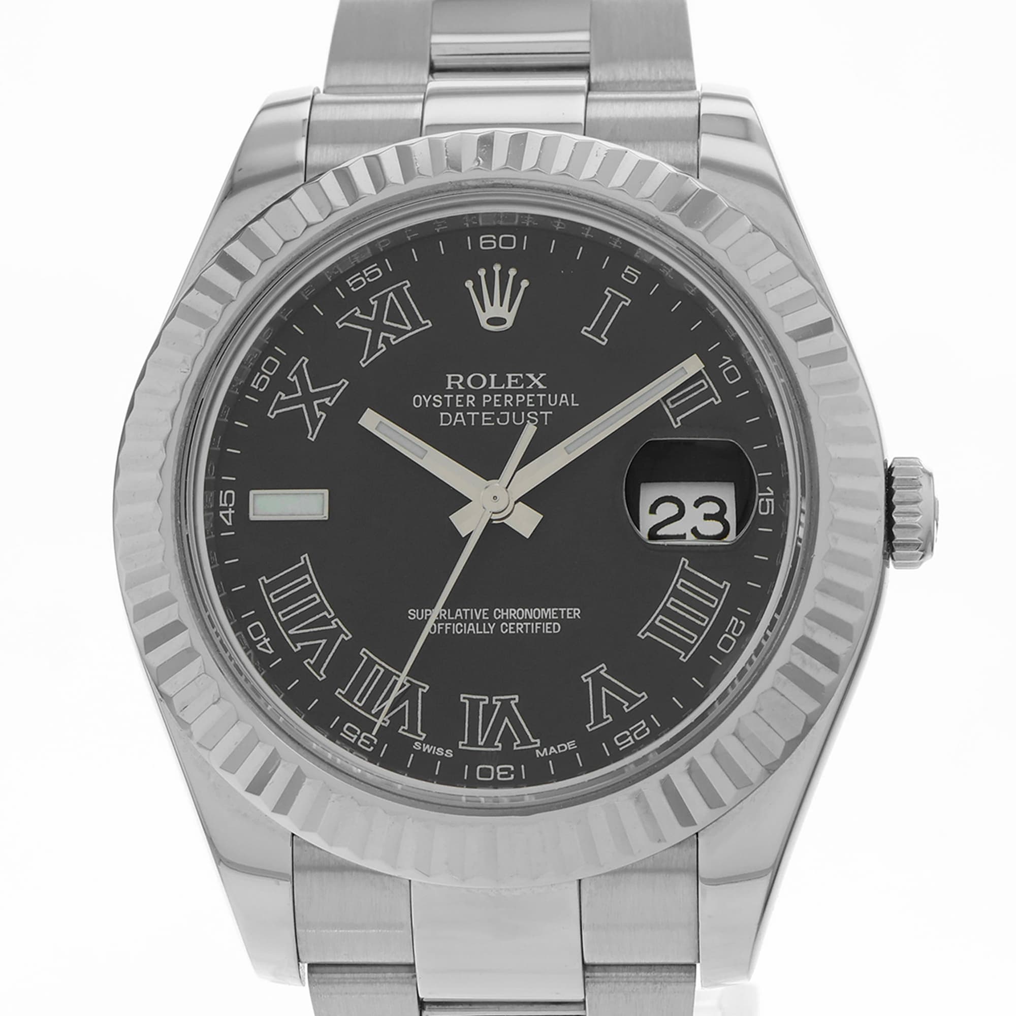 Rolex Datejust II 116334 Black Dial 18k White Gold fluted bezel