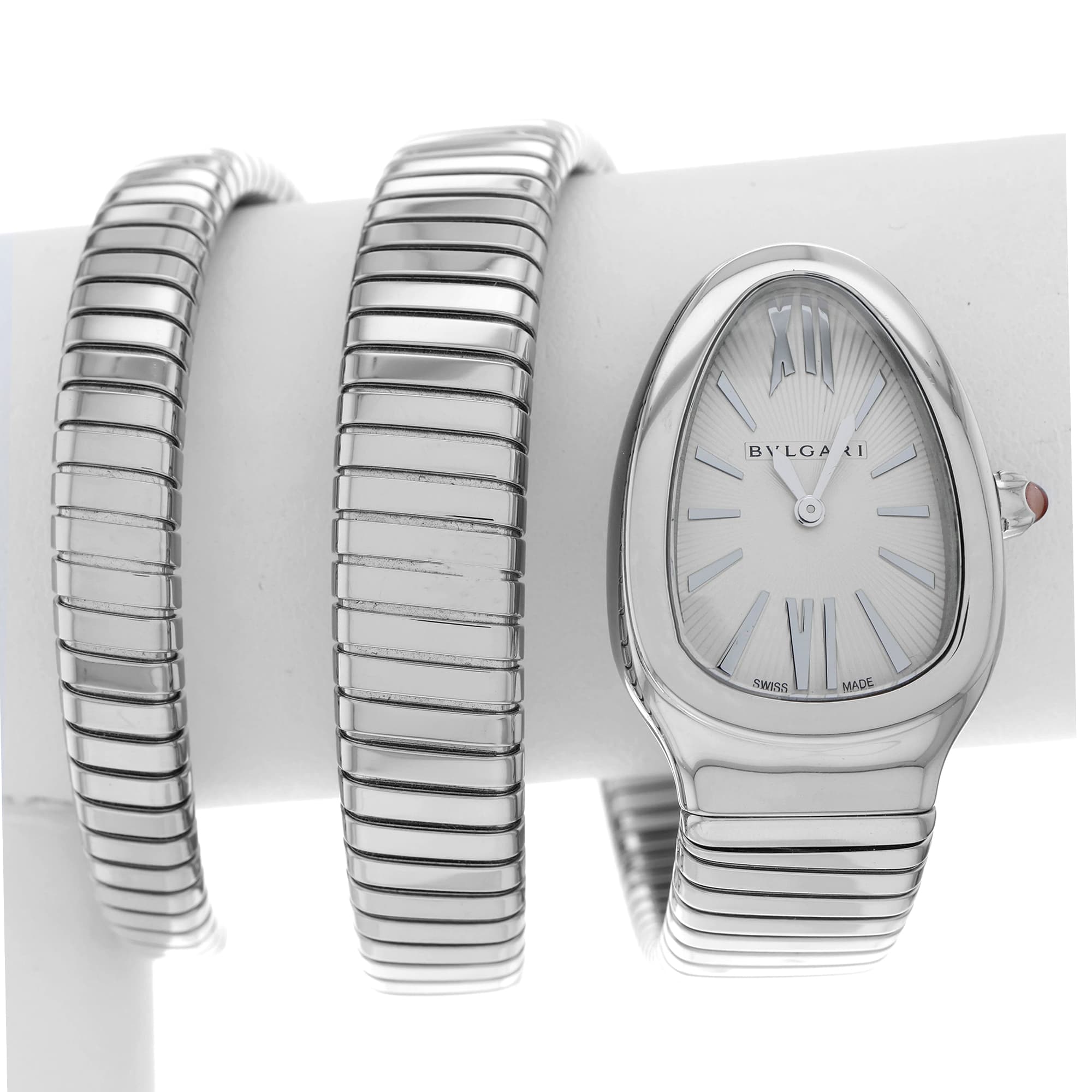 Bulgari Serpenti SP35S Silver Dial Tubogas Steel Double Spiral Bracelet Ladies