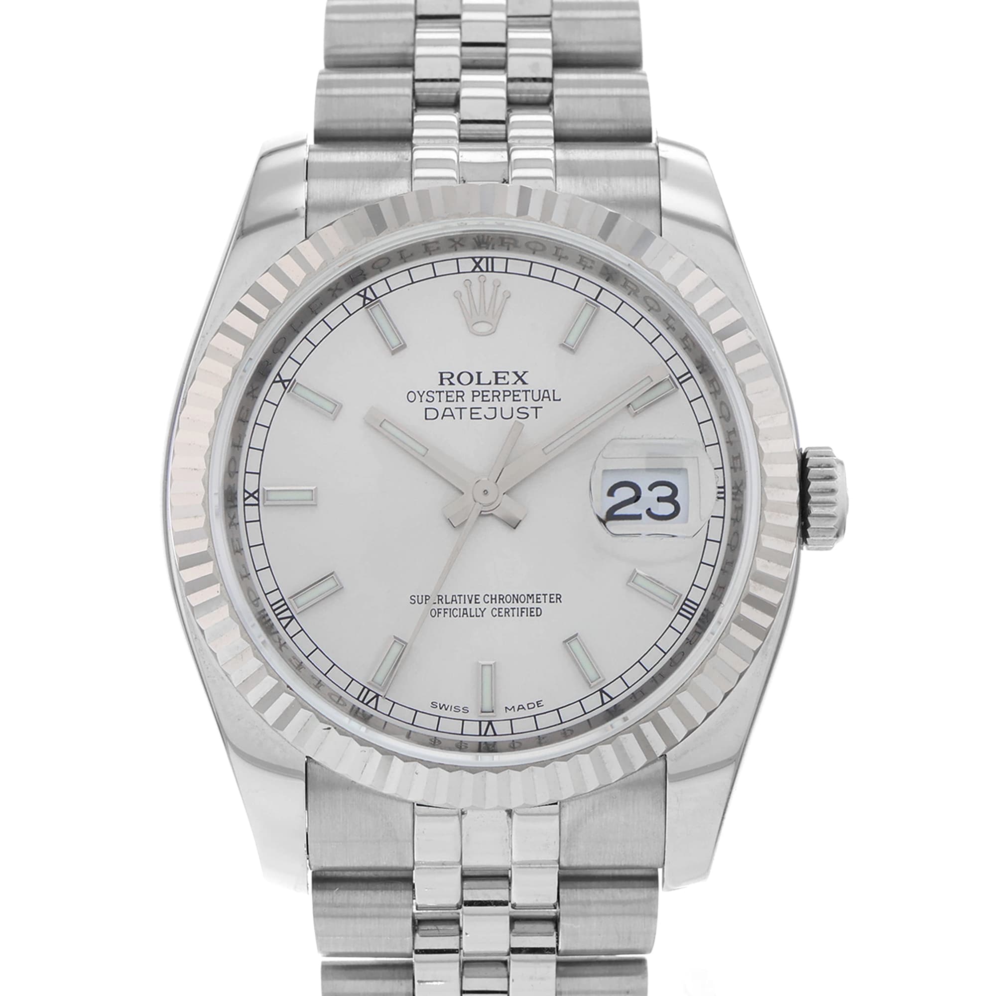 Rolex Datejust 36 116234 Silver Stick Dial 18k White Gold Fluted Bezel