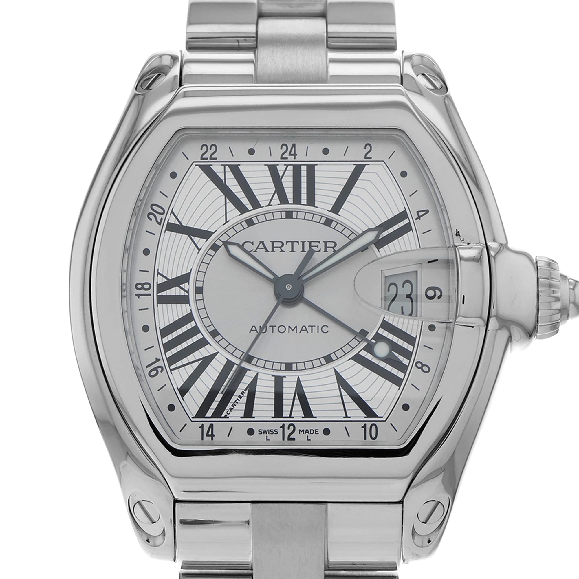 Cartier Roadster W62032X6 2722 XL GMT Silver Roman Dial