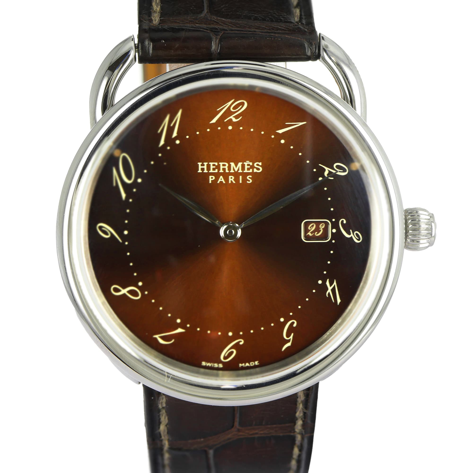 Hermes Arceau AR5.710 38mm brown dial date quartz leather strap