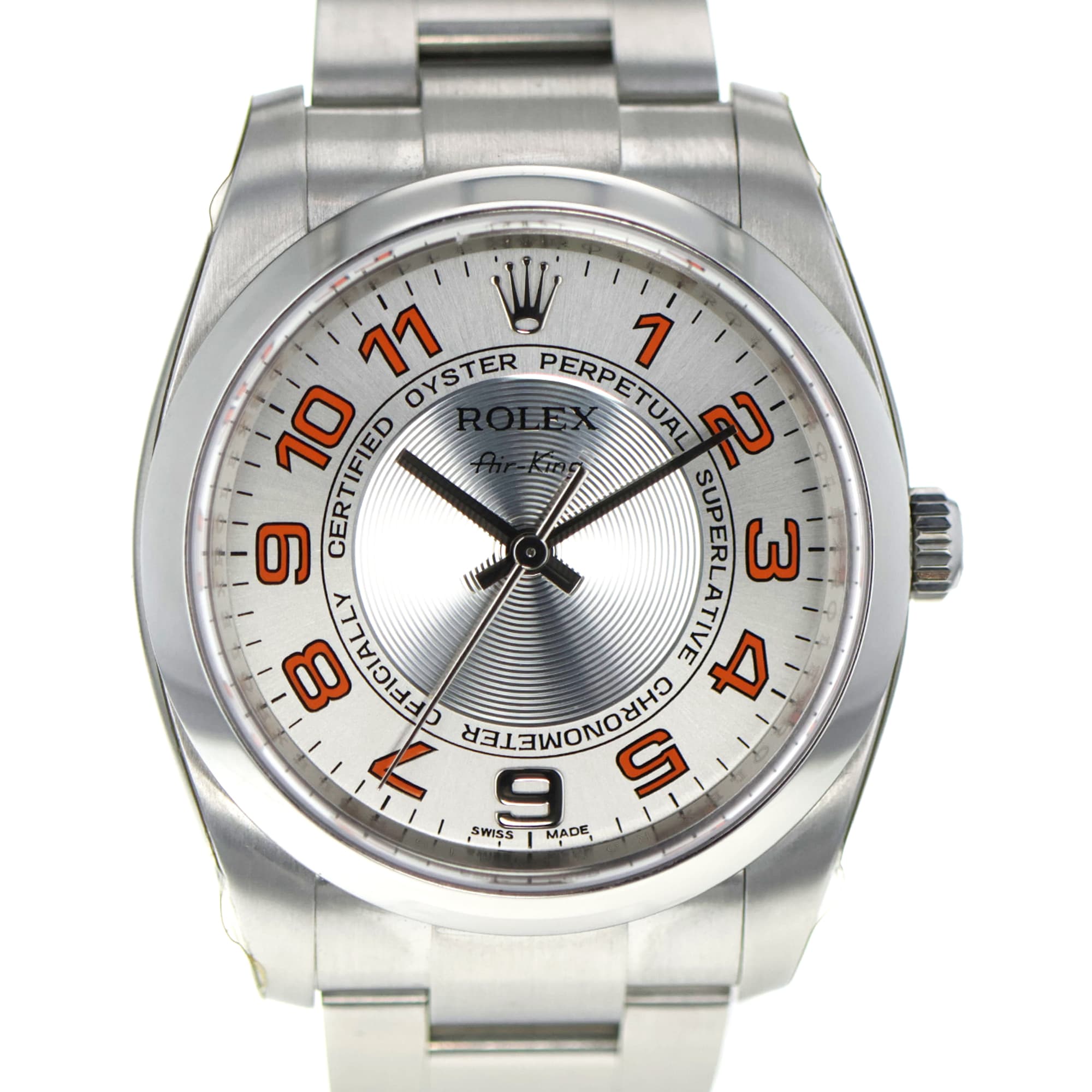 Rolex Air King 114200 34mm unworn orange Arabic factory seals box/papers 2020