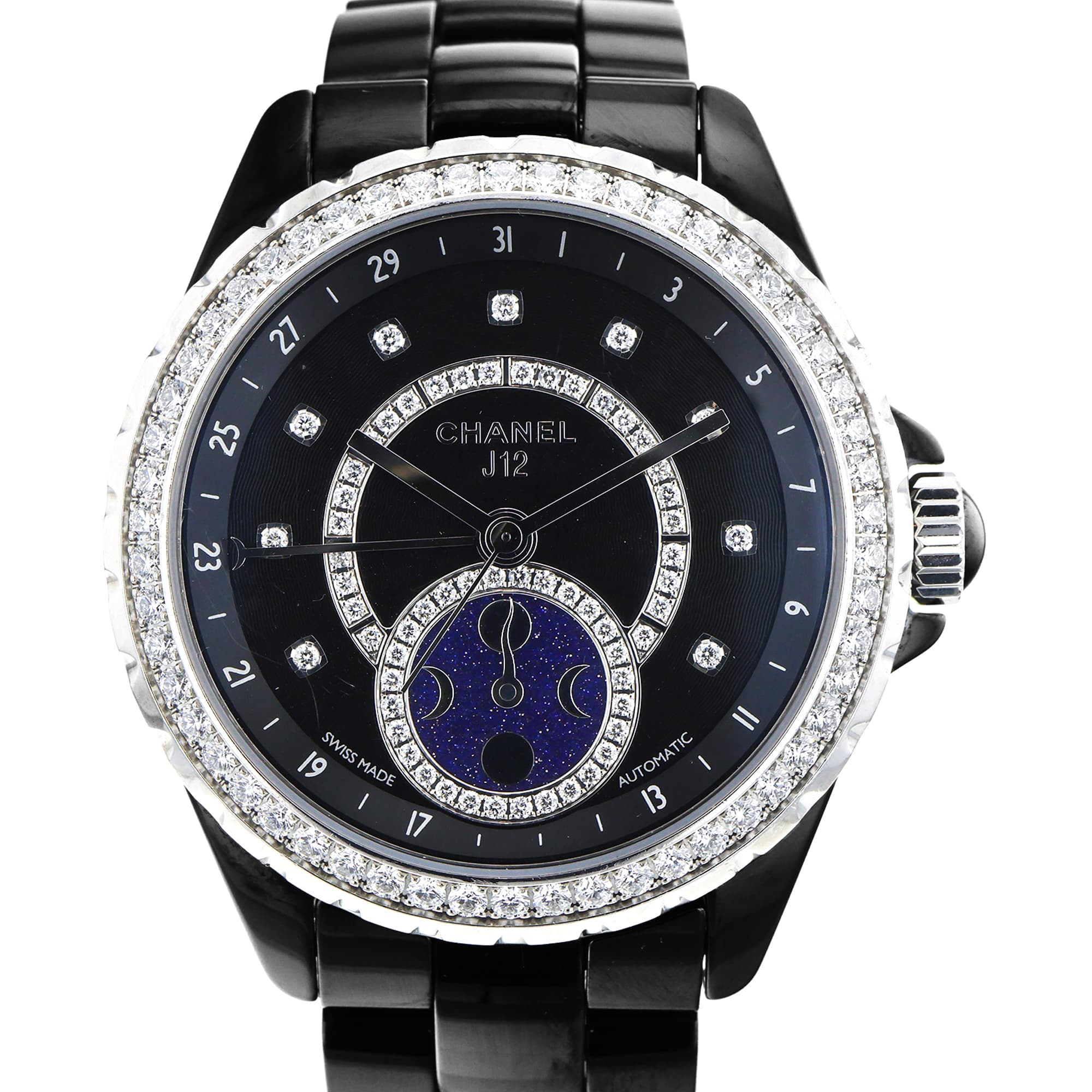 Chanel J12 H3407 38mm Moonphase factory diamond bezel & dial black ceramic