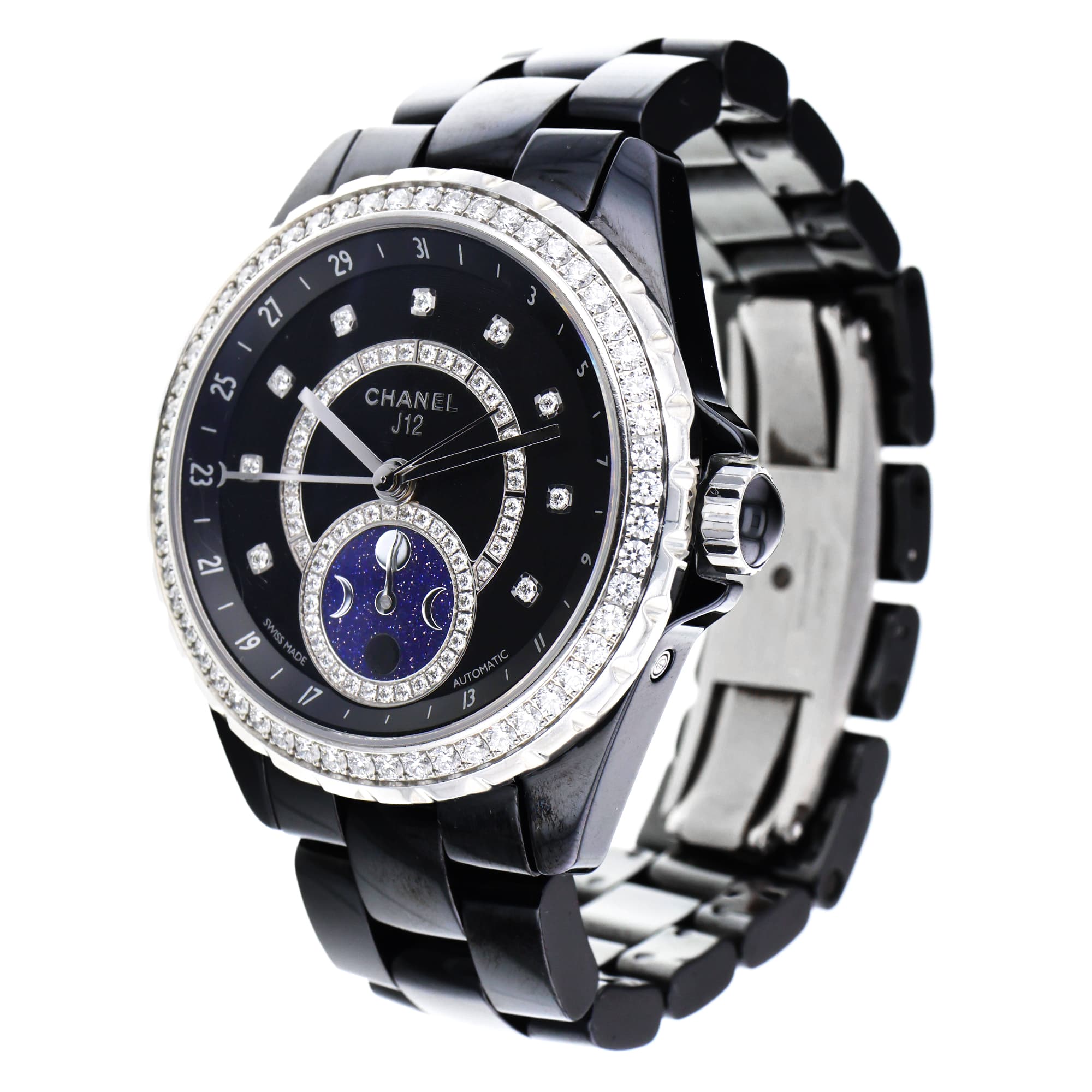 Chanel J12 H3407 38mm Moonphase factory diamond bezel & dial black ceramic