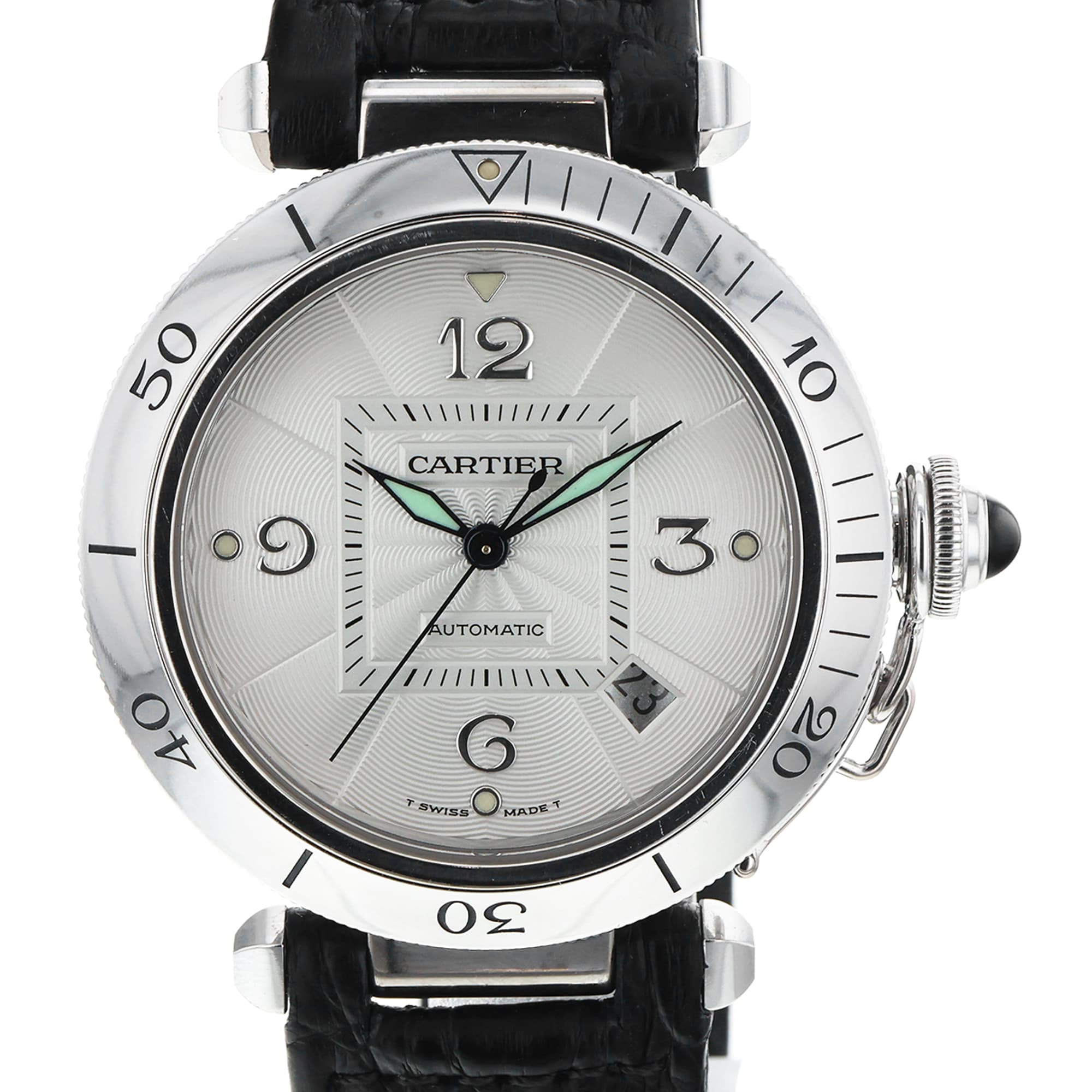 Cartier Pasha 2353 38mm 18k White Gold Silver Arabic Display Back Automatic Mens