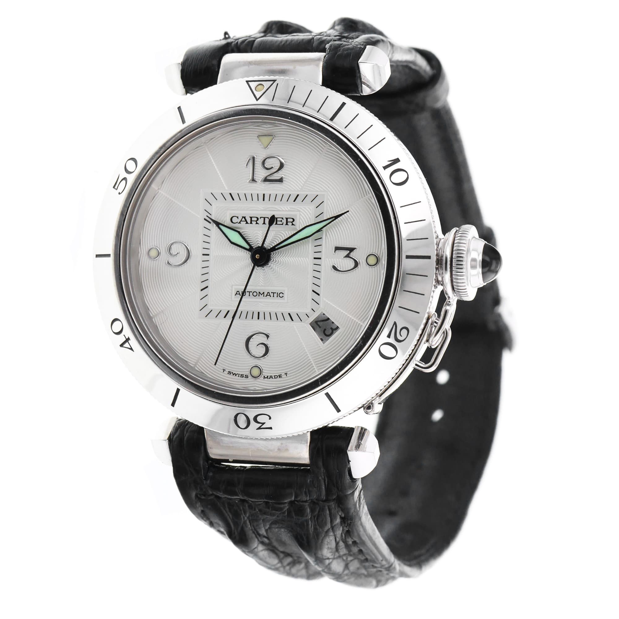 Cartier Pasha 2353 38mm 18k White Gold Silver Arabic Display Back Automatic Mens