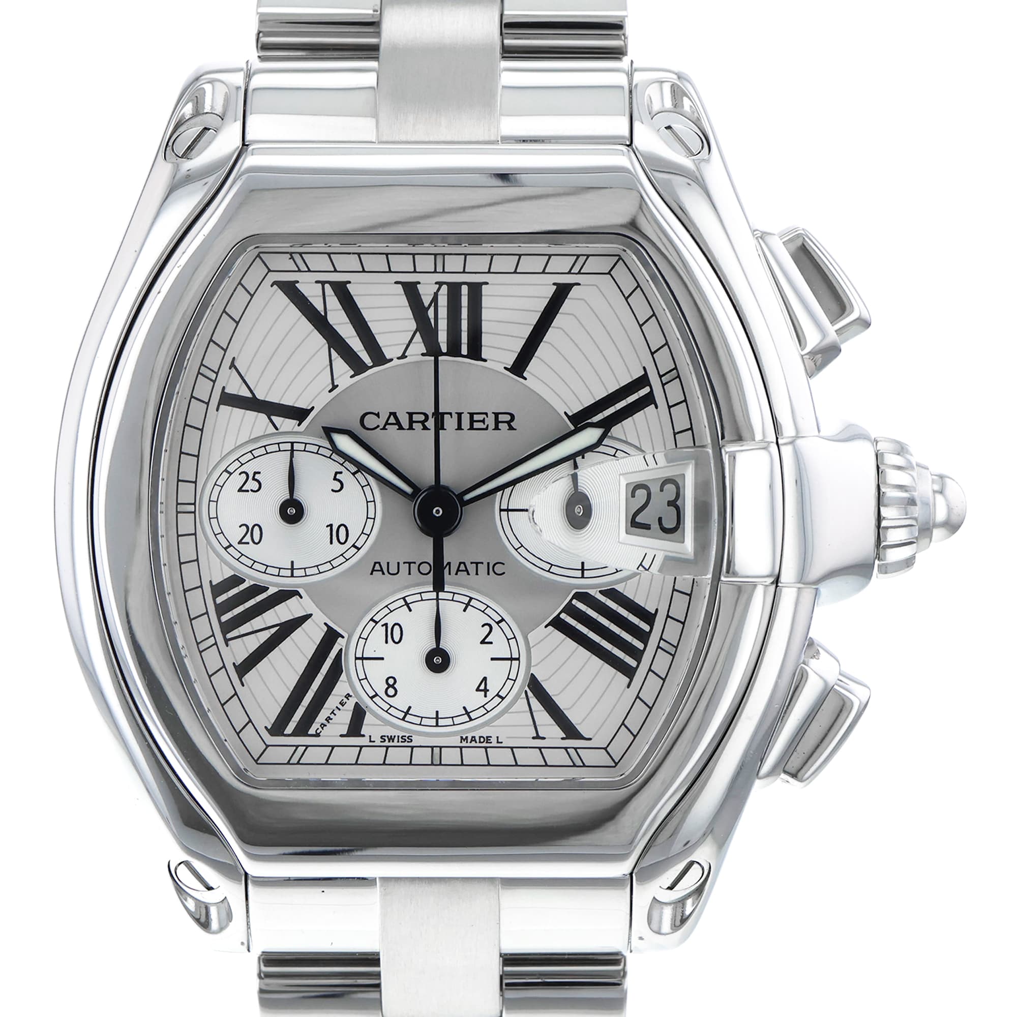 Cartier Roadster W62019X6 2618 40mm Silver Roman Chronograph Steel Mens Watch