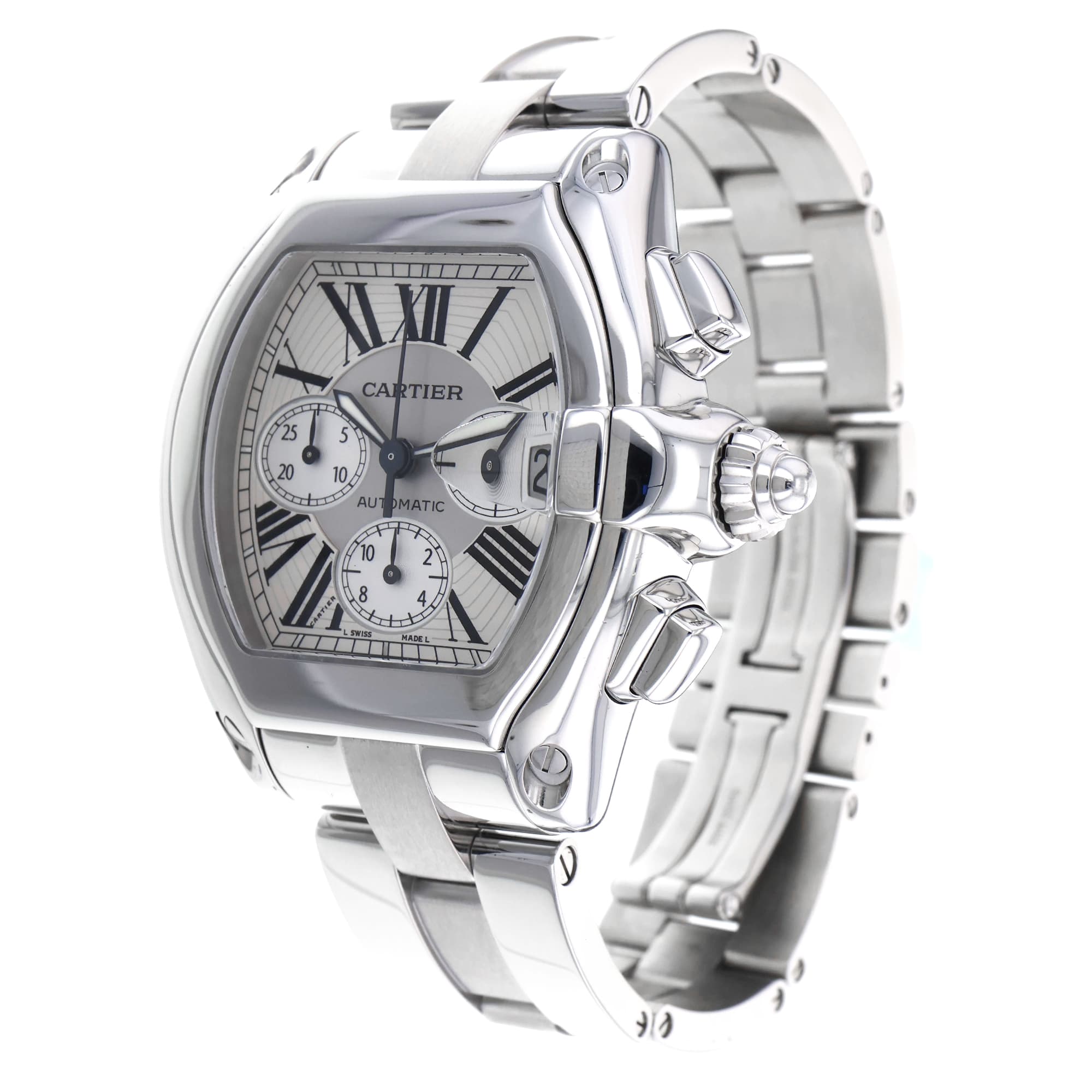 Cartier Roadster W62019X6 2618 40mm Silver Roman Chronograph Steel Mens Watch
