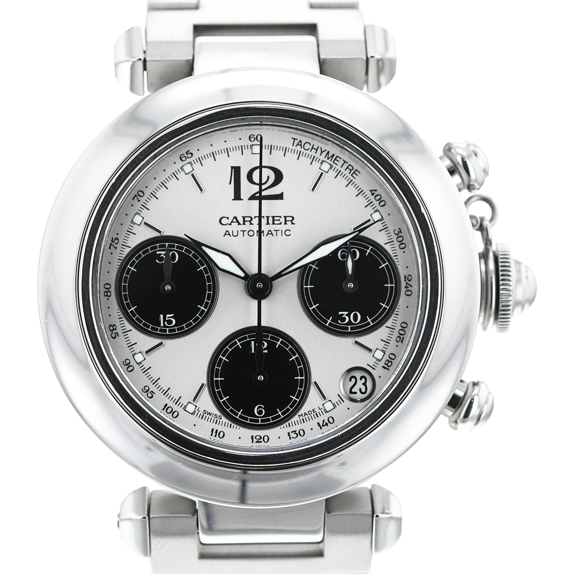 Cartier Pasha C W31048M7 2412 36mm Chronograph Steel Automatic Mens Watch