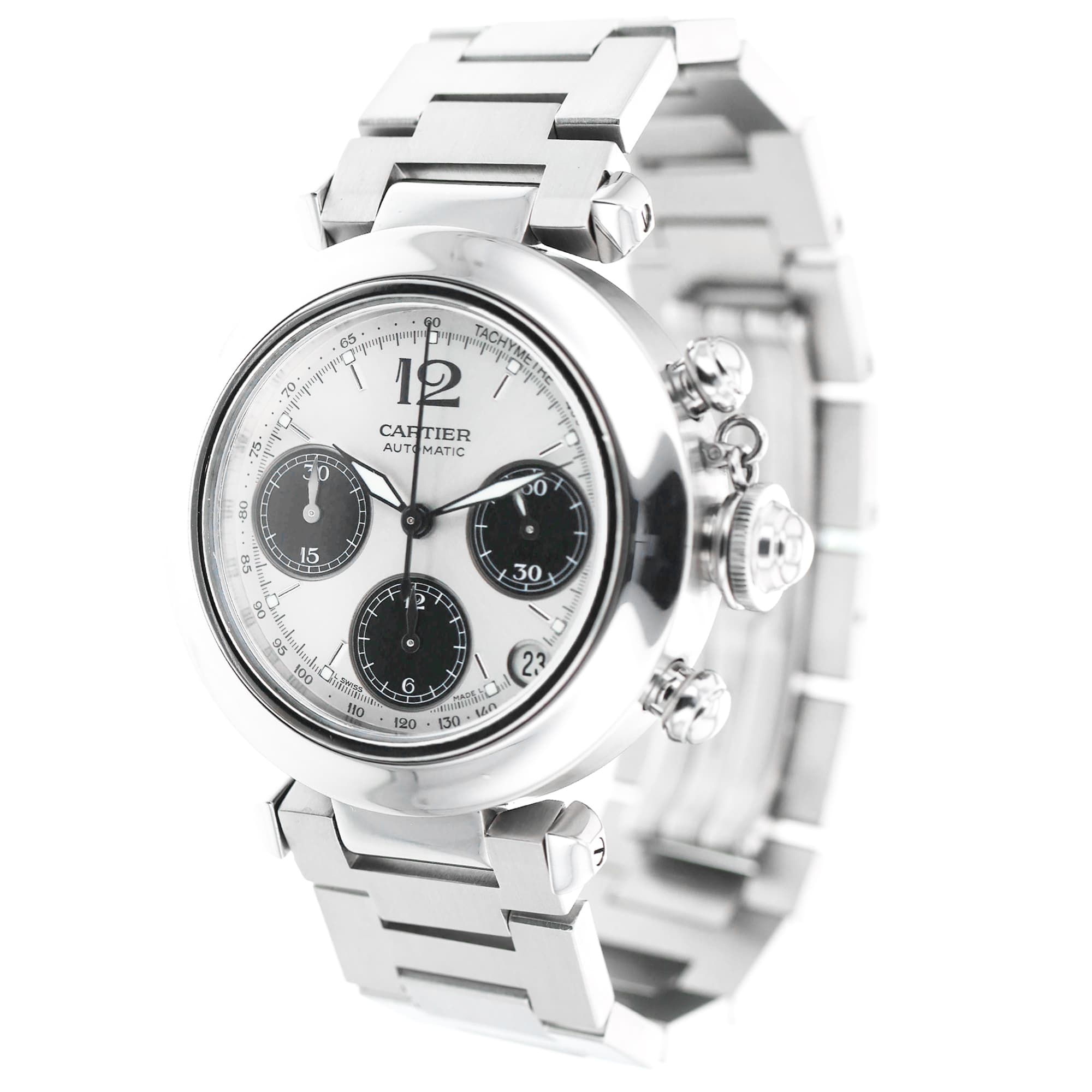 Cartier Pasha C W31048M7 2412 36mm Chronograph Steel Automatic Mens Watch