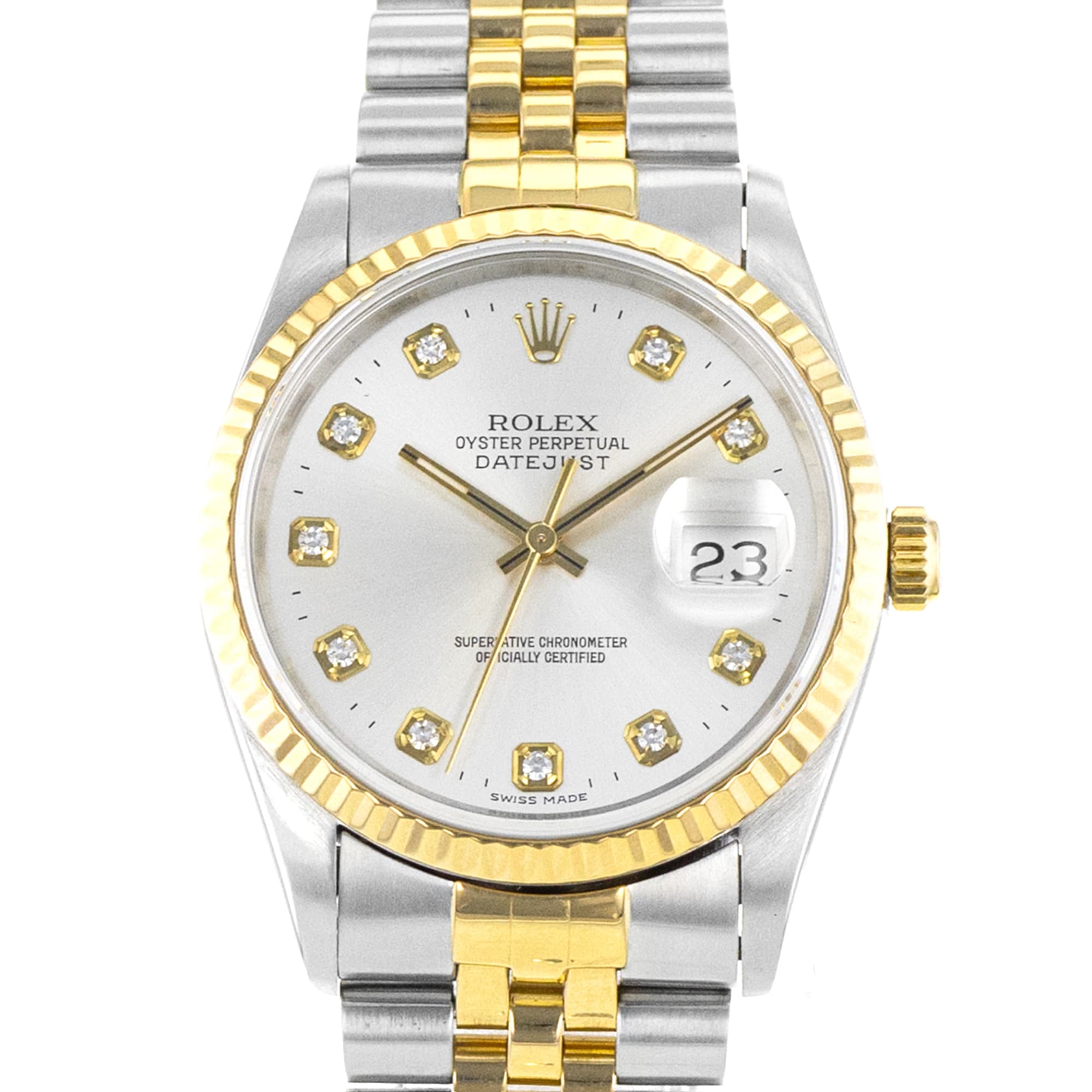 Rolex Datejust 36 16233 Factory Silver Diamond Steel Yellow Gold Mens Watch