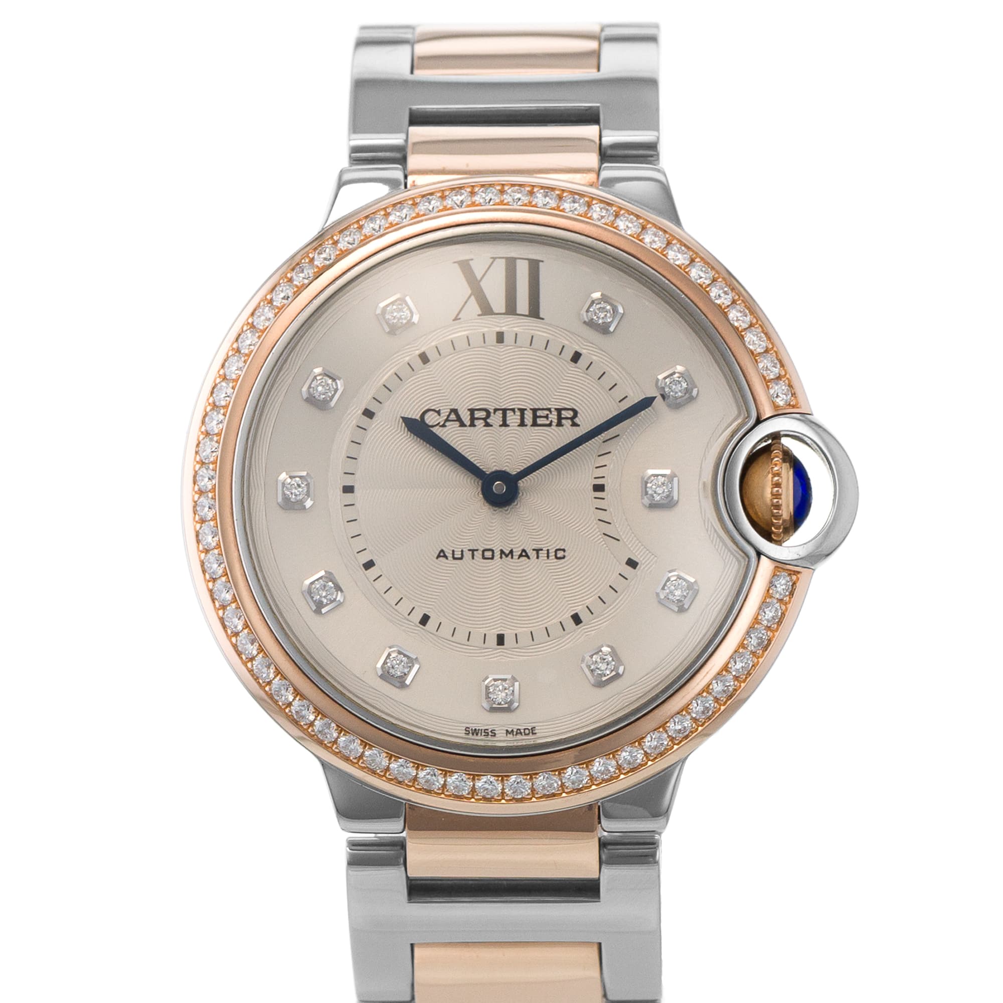 Cartier Ballon Bleu 36 WE902078 3754 Silver Diamond Dial Automatic Ladies Watch