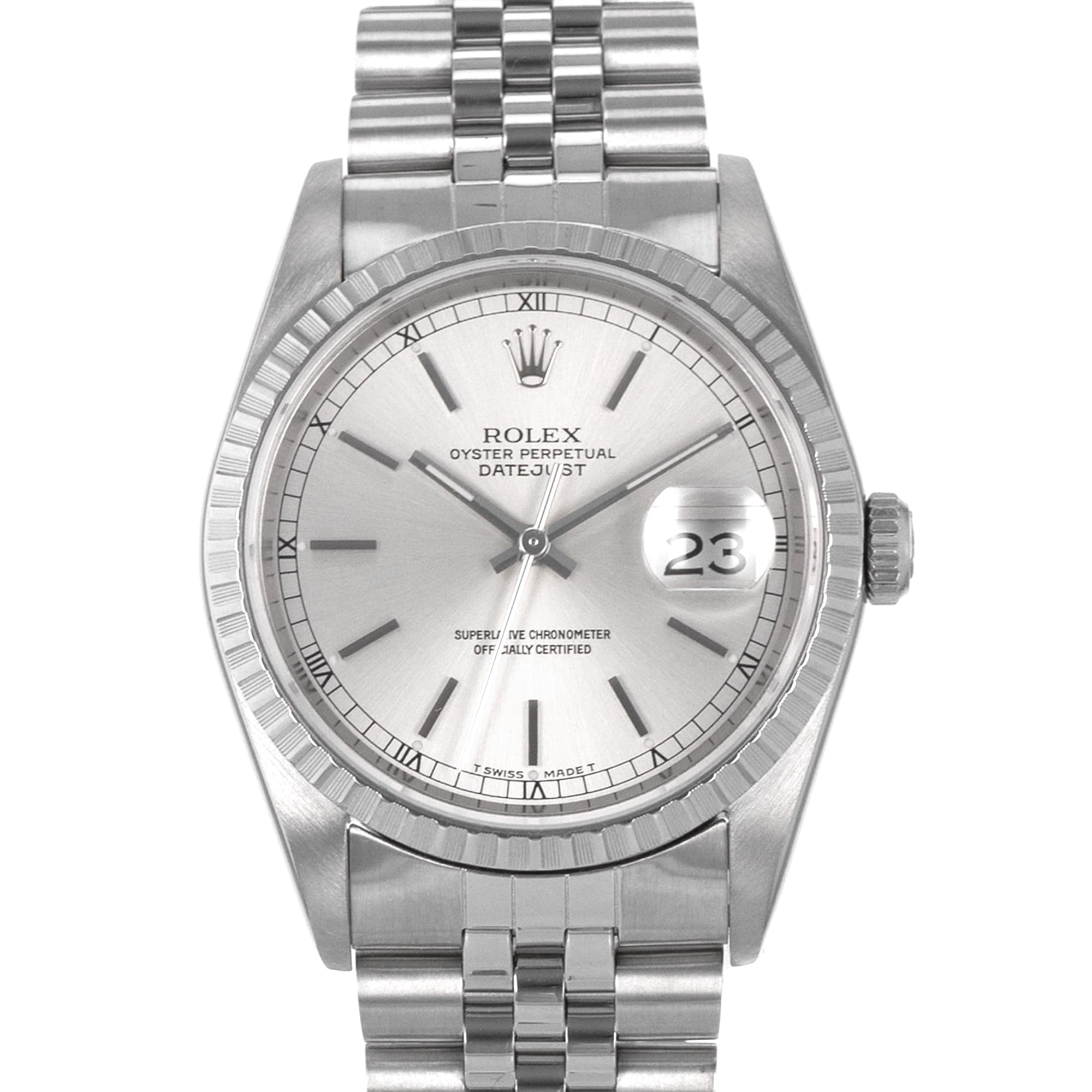 Rolex Datejust 36 16220 Engine Turned Silver Stick Steel Jubilee Mens Watch