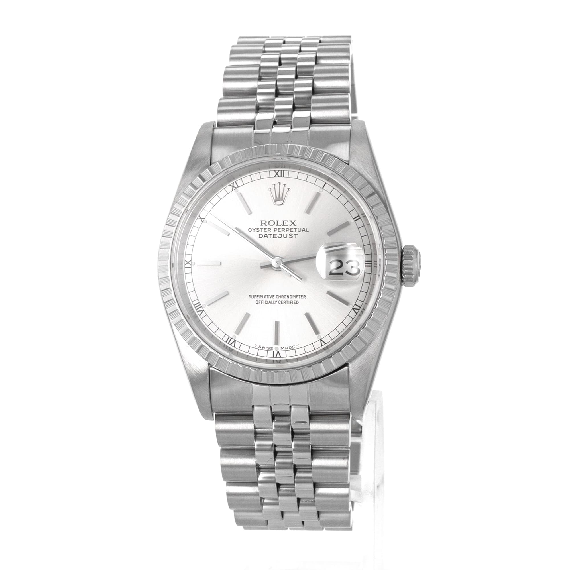 Rolex Datejust 36 16220 Engine Turned Silver Stick Steel Jubilee Mens Watch