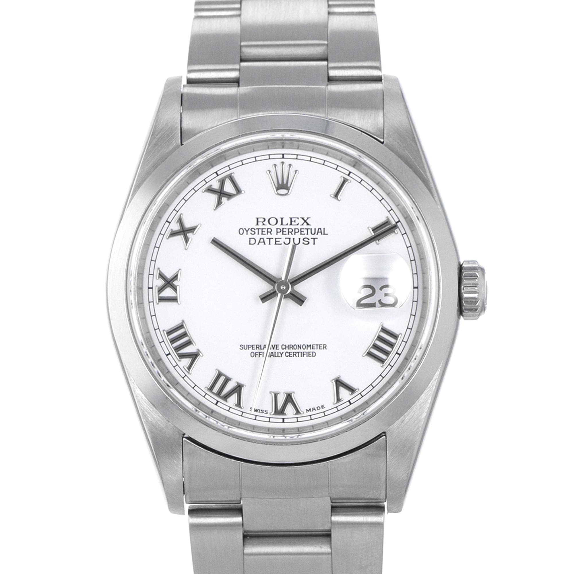 Rolex Datejust 36 16200 White Roman Smooth Steel Oyster Automatic Mens Watch