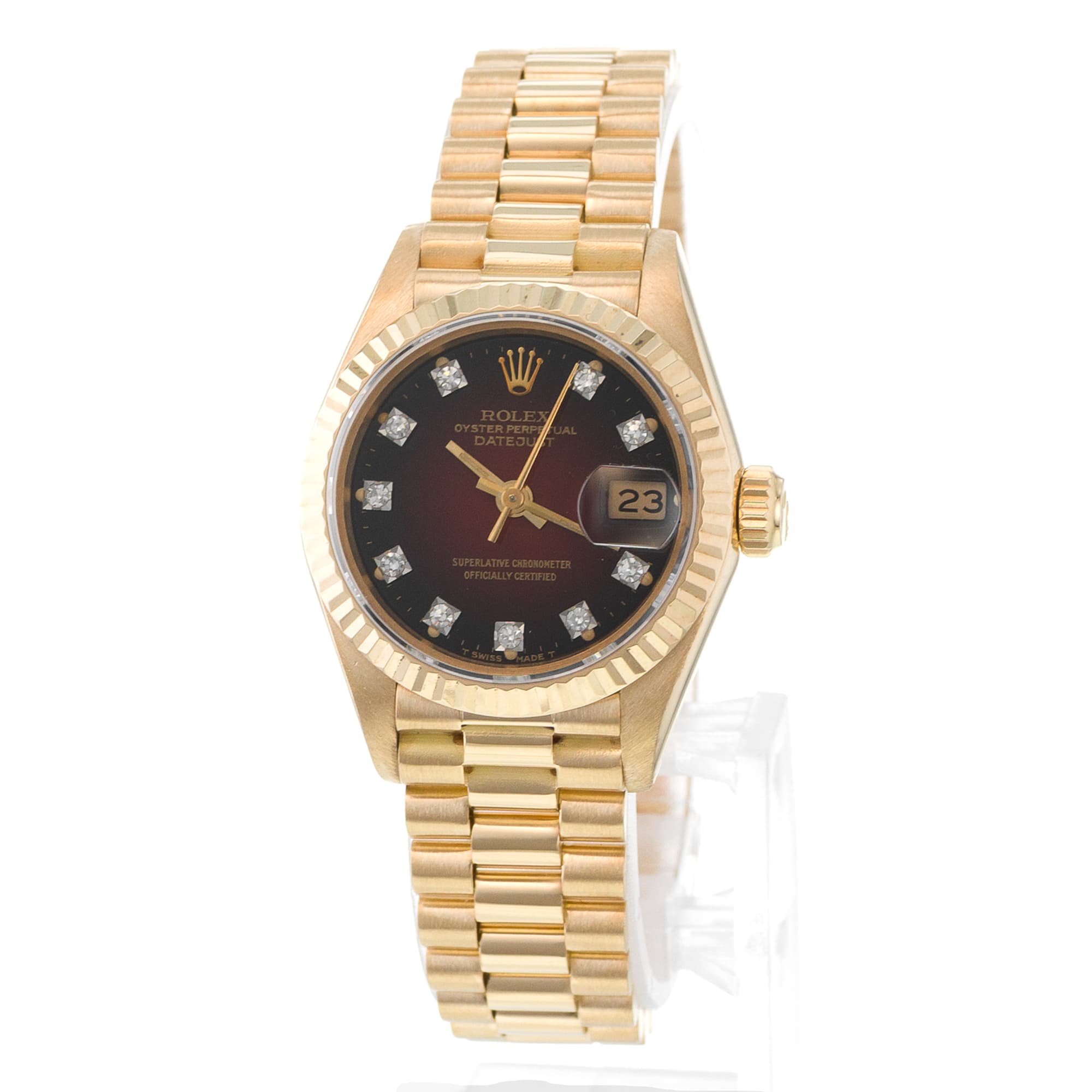 Rolex Datejust 26 69178 Red Black Vignette Diamond 18k Yellow Gold Ladies Watch