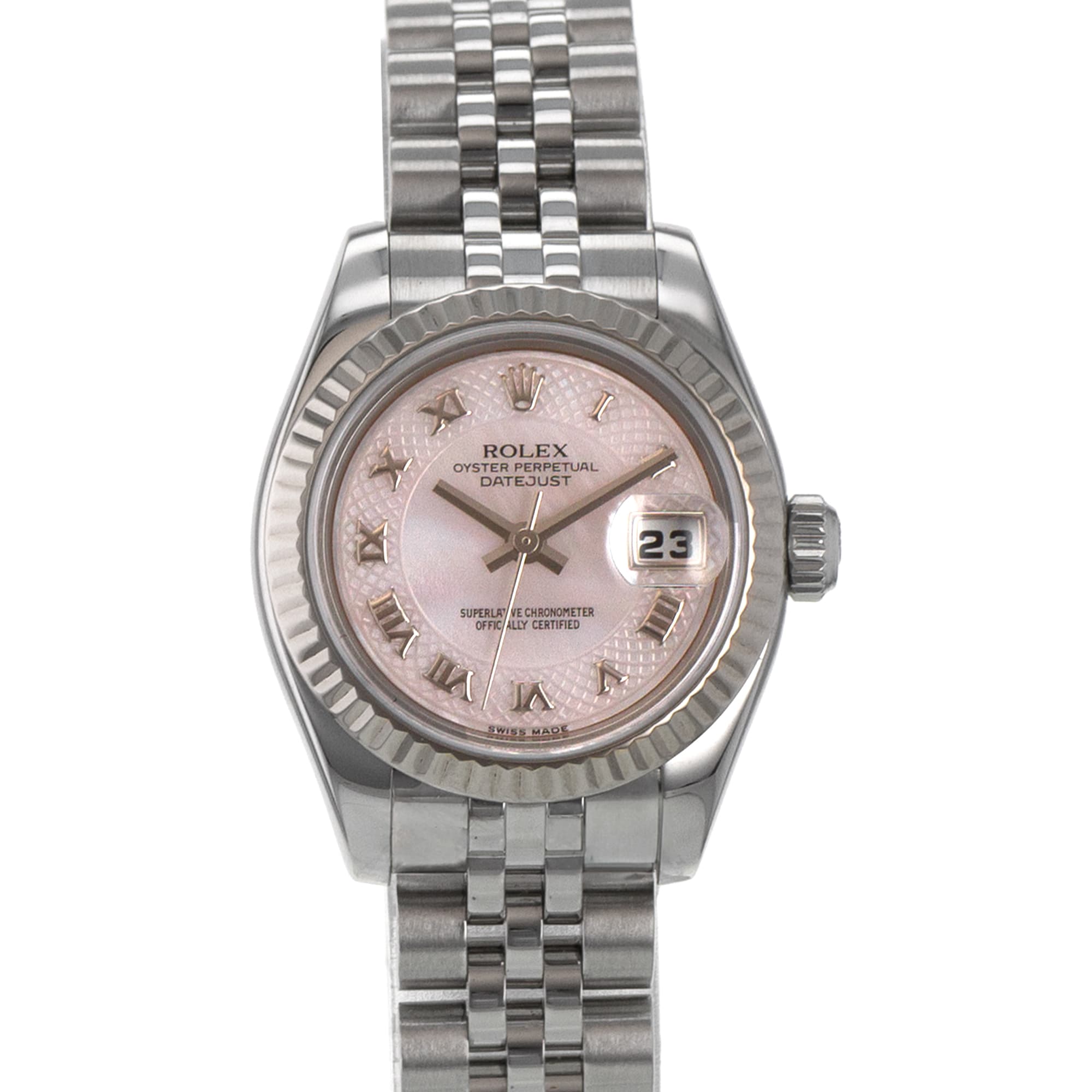 Rolex Datejust 26 179174 Pink Mother of Pearl 18k Fluted Jubilee Ladies Watch