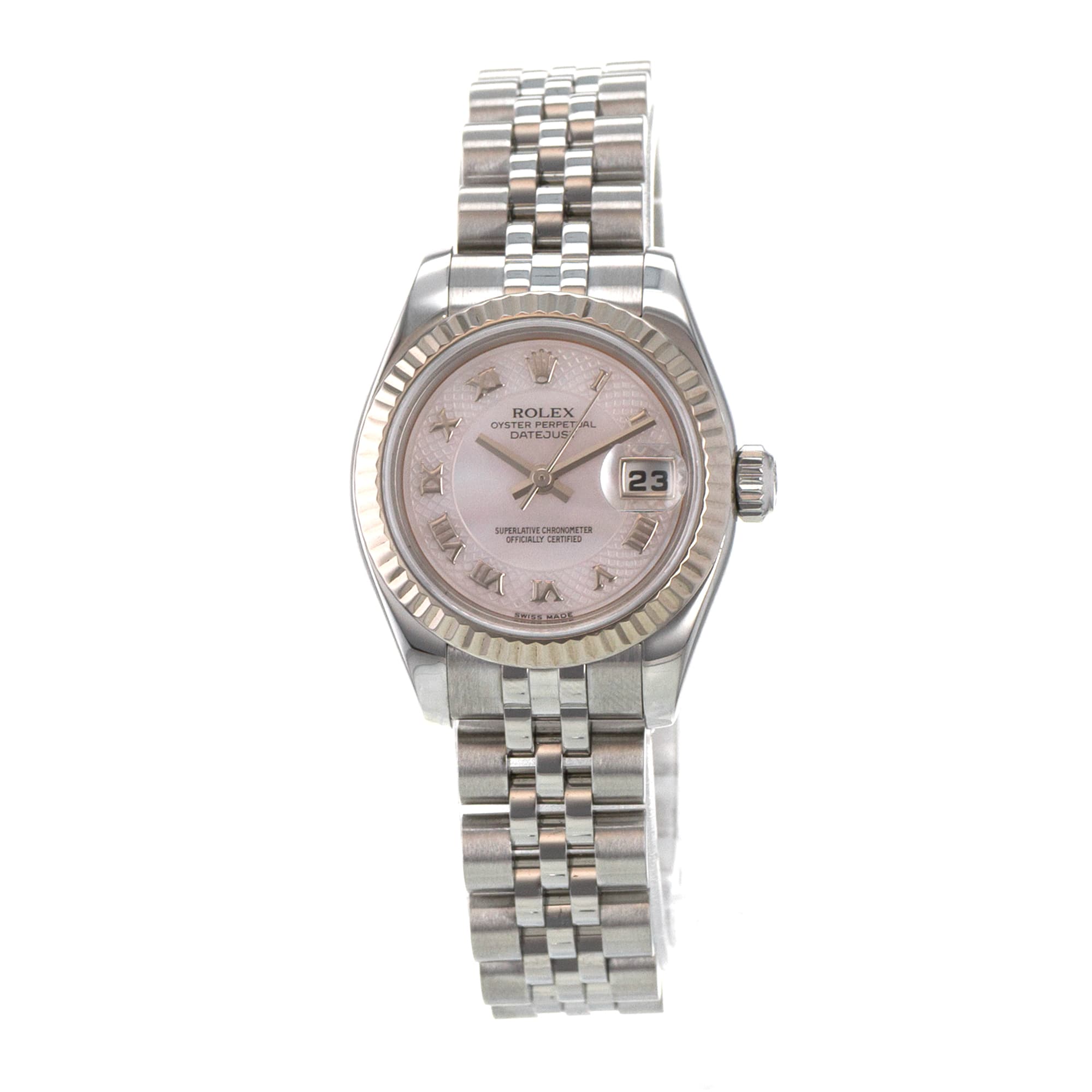 Rolex Datejust 26 179174 Pink Mother of Pearl 18k Fluted Jubilee Ladies Watch