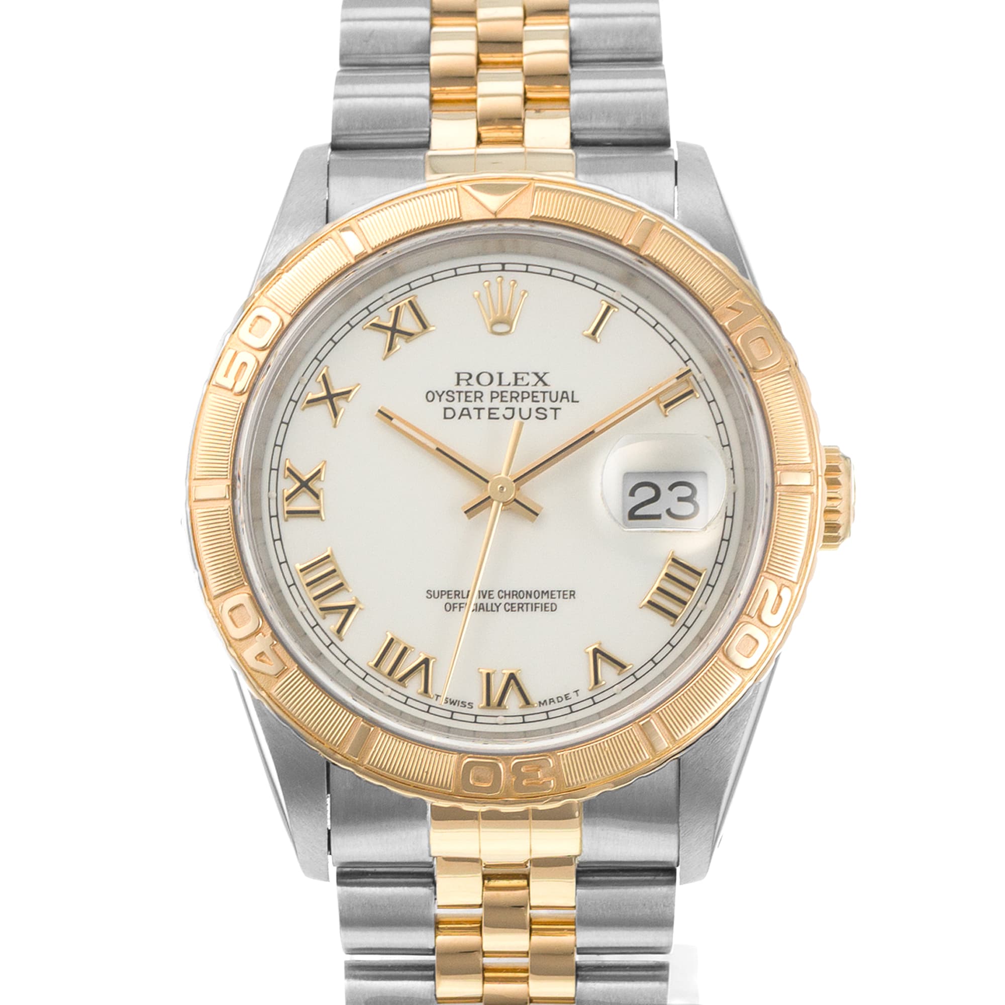 Rolex Datejust Turn-O-Graph 16263 36mm White Roman Yellow Gold Oyster Mens Watch