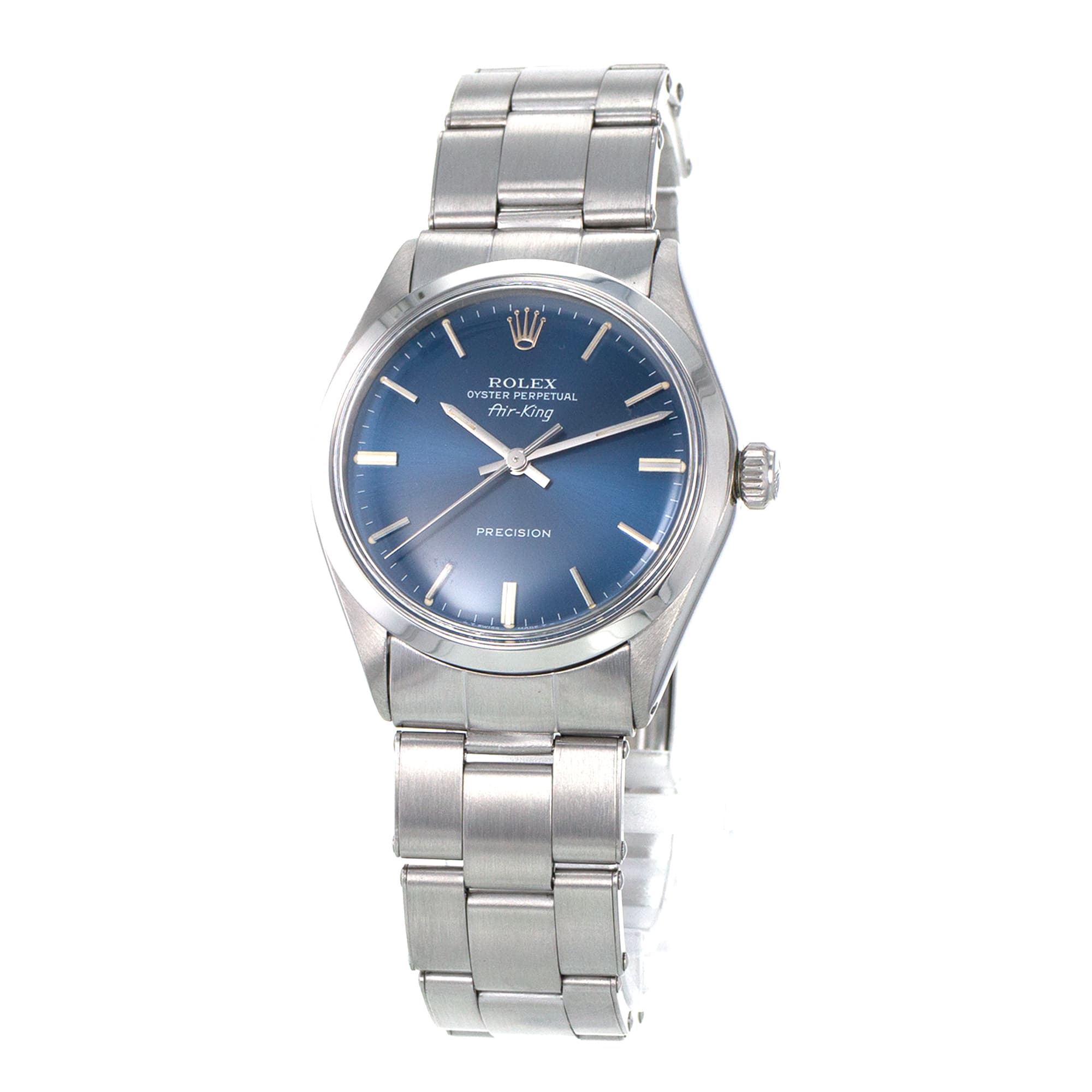 Rolex Air King 5500 34mm Vintage Blue Stick Dial Smooth Steel Oyster Mens Watch