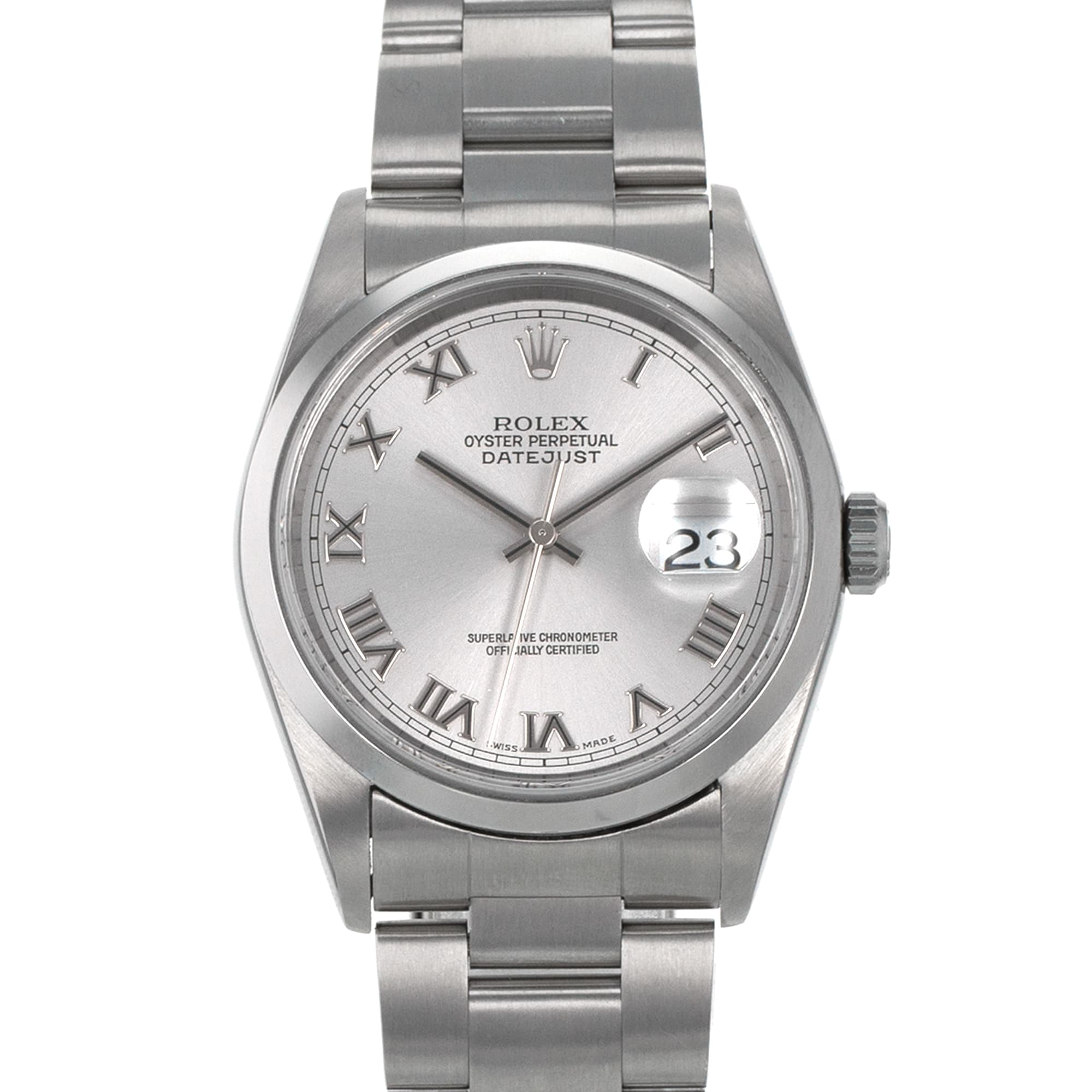 Rolex Datejust 36 16200 Grey Roman Smooth Stainless Steel Oyster Mens Watch