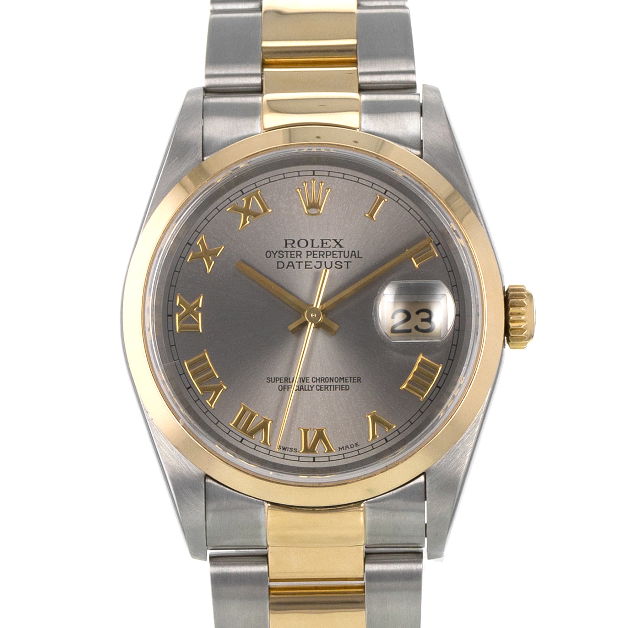 Rolex Datejust 36 16203 Grey Roman Smooth Oyster 18k Yellow Gold Mens Watch