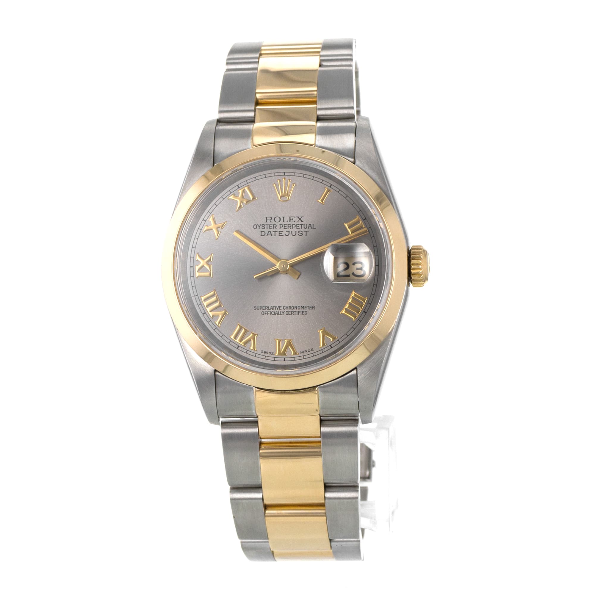 Rolex Datejust 36 16203 Grey Roman Smooth Oyster 18k Yellow Gold Mens Watch