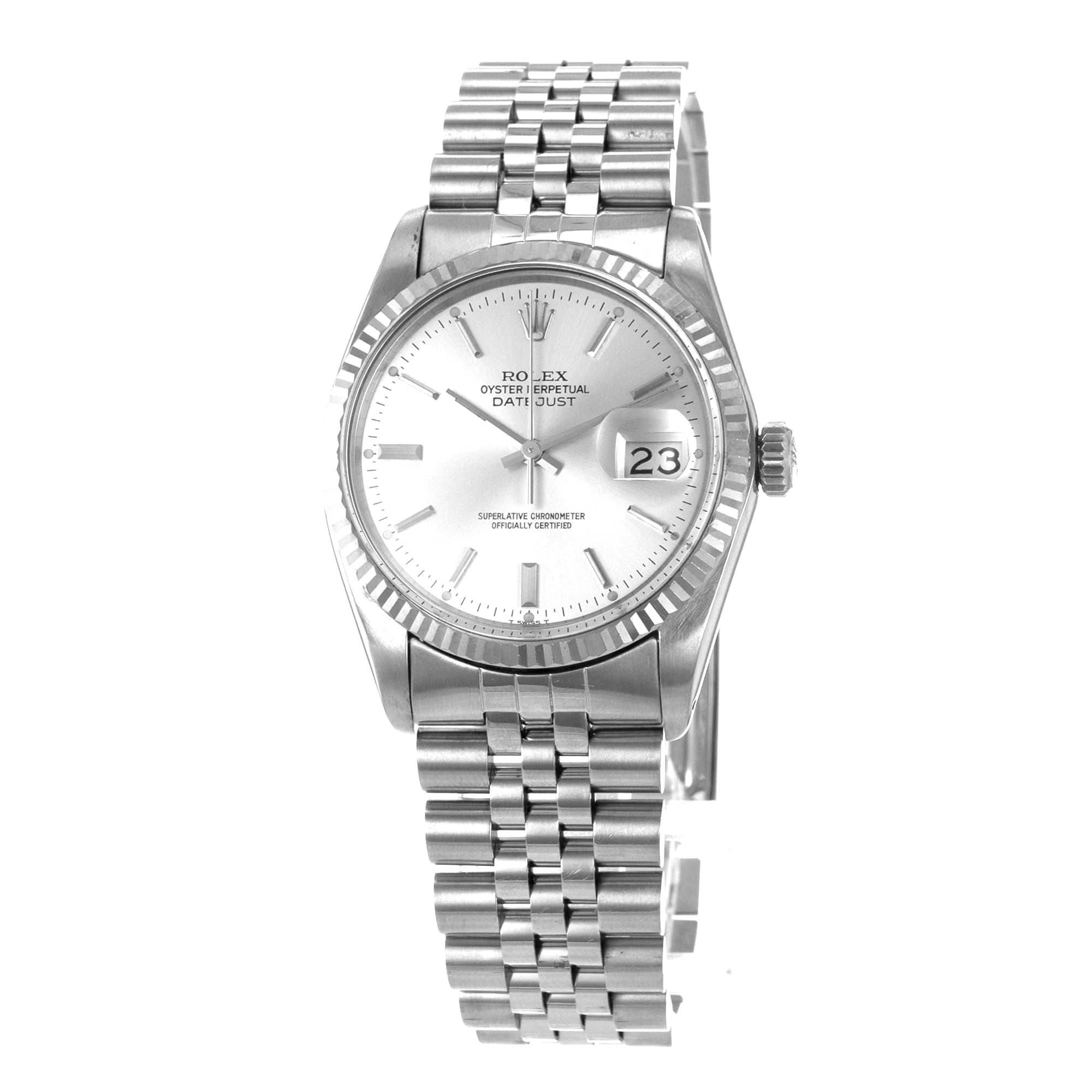 Rolex Datejust 36 16014 Vintage Silver Stick Steel White Gold Jubilee Mens Watch