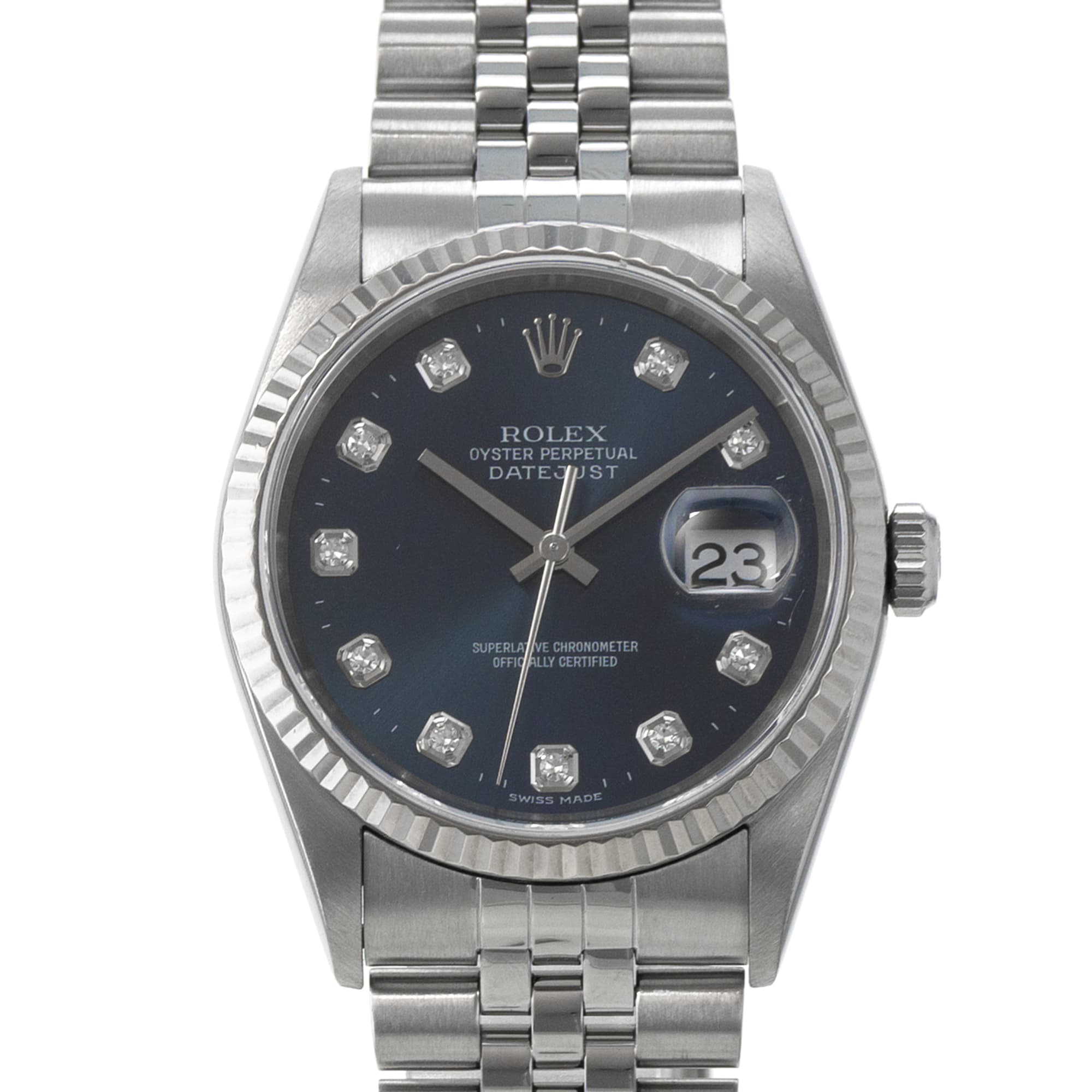 Rolex Datejust 36 16234 Blue Diamond Factory Fluted Steel White Gold Mens Watch