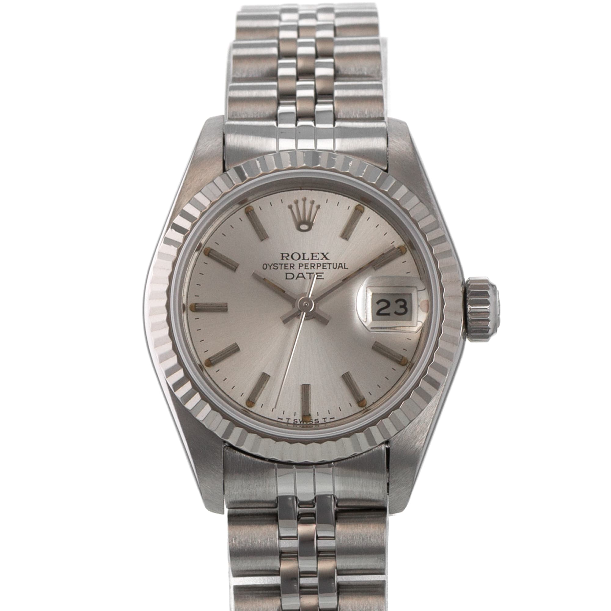 Rolex Datejust 26 69174 Silver Stick 18k White Gold Fluted Jubilee Ladies Watch