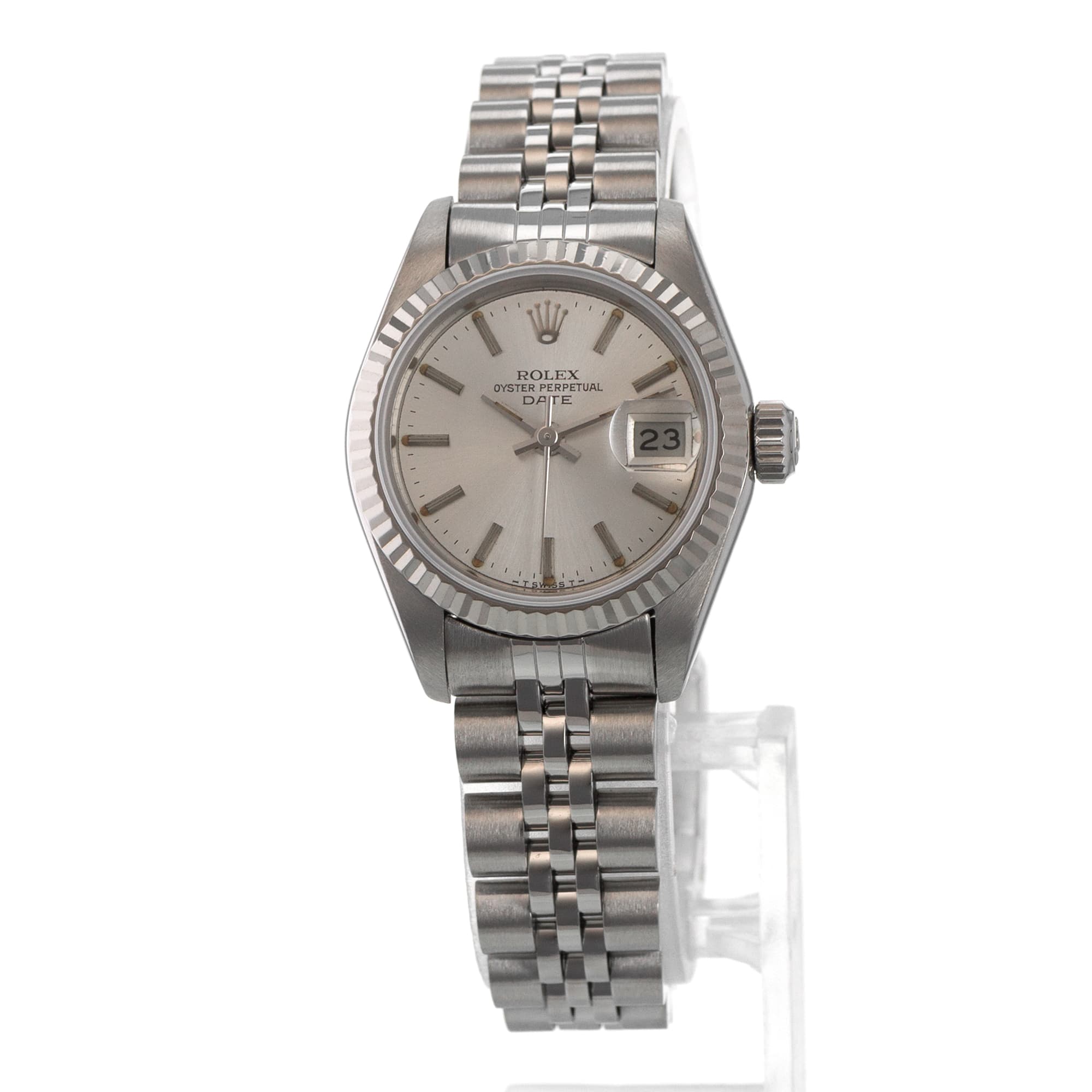 Rolex Datejust 26 69174 Silver Stick 18k White Gold Fluted Jubilee Ladies Watch