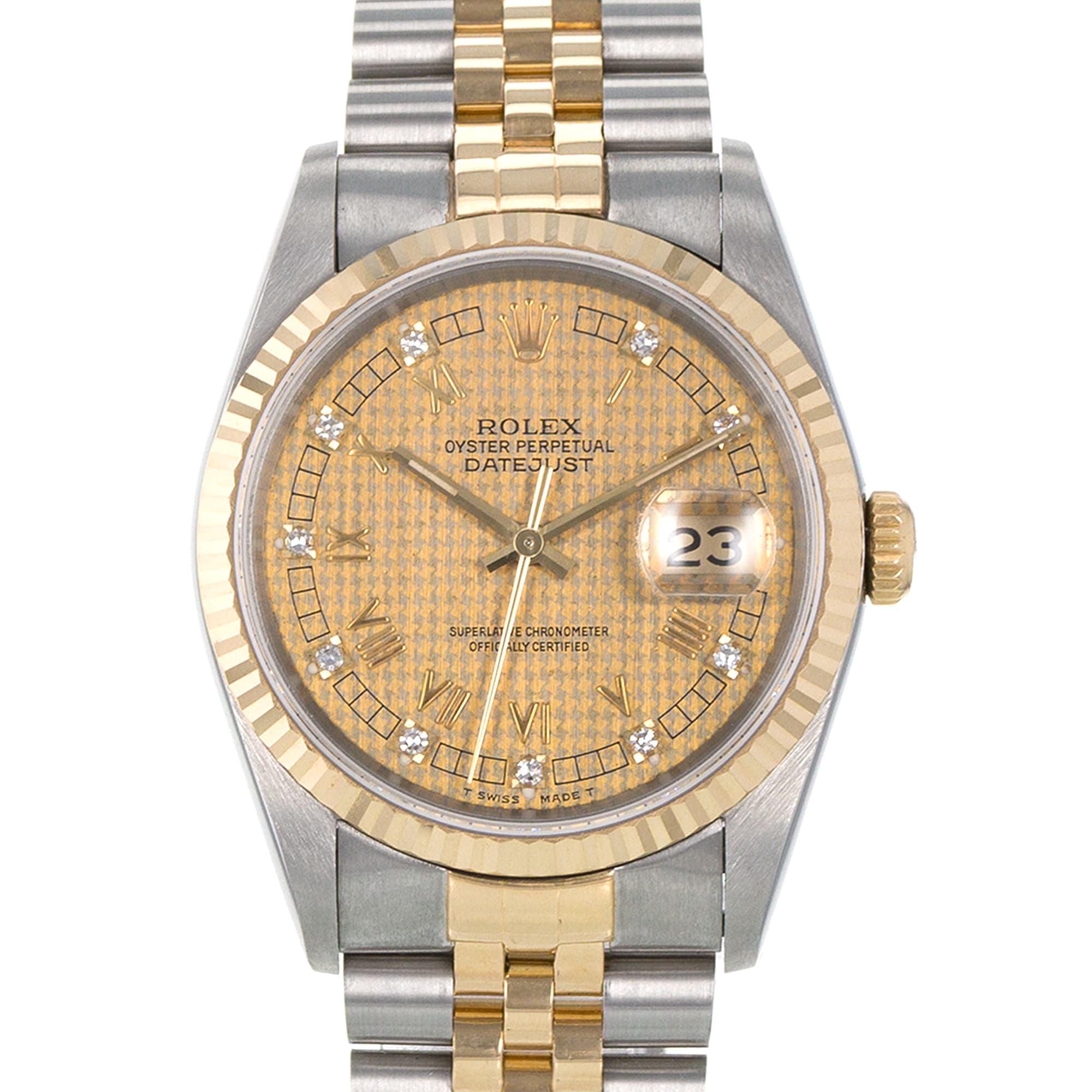 Rolex Datejust 36 16233 Factory Houndstooth Diamond Yellow Gold Mens Watch