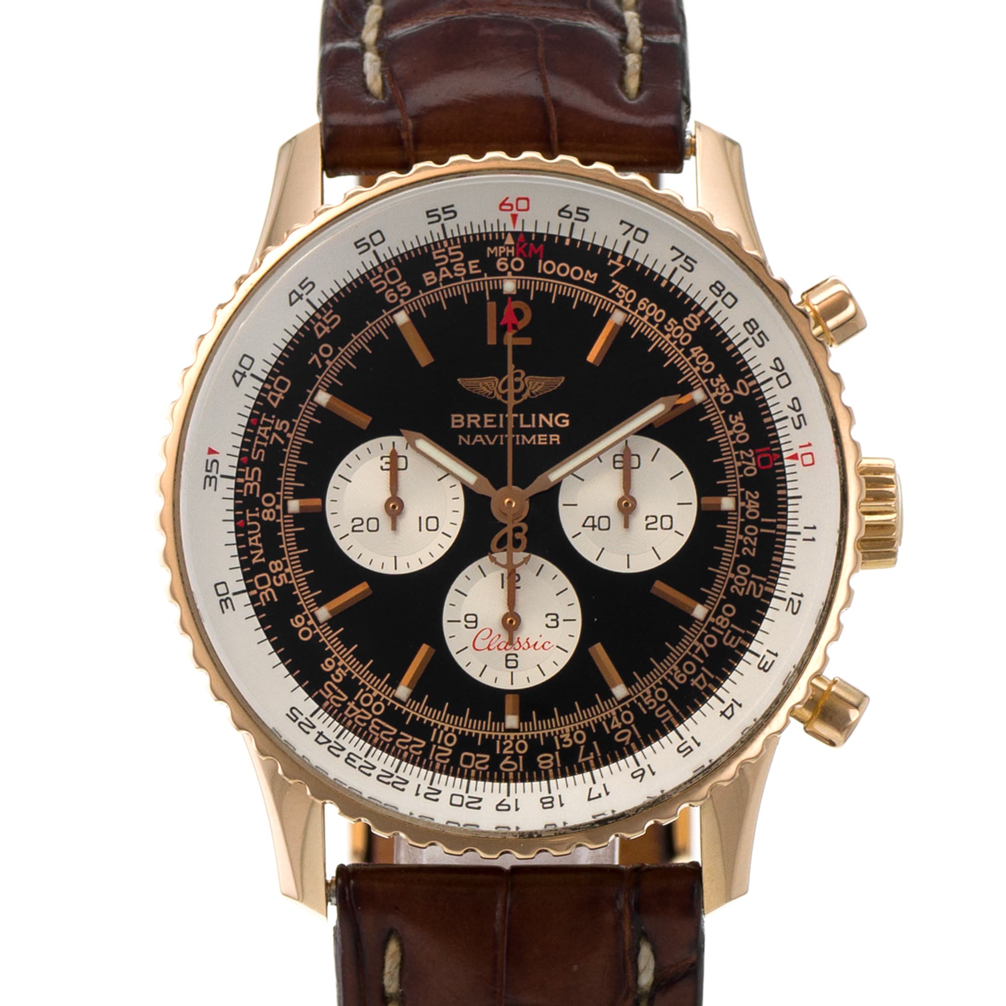 Breitling Navitimer H30330 Black Chronograph Yellow Gold Automatic Mens Watch