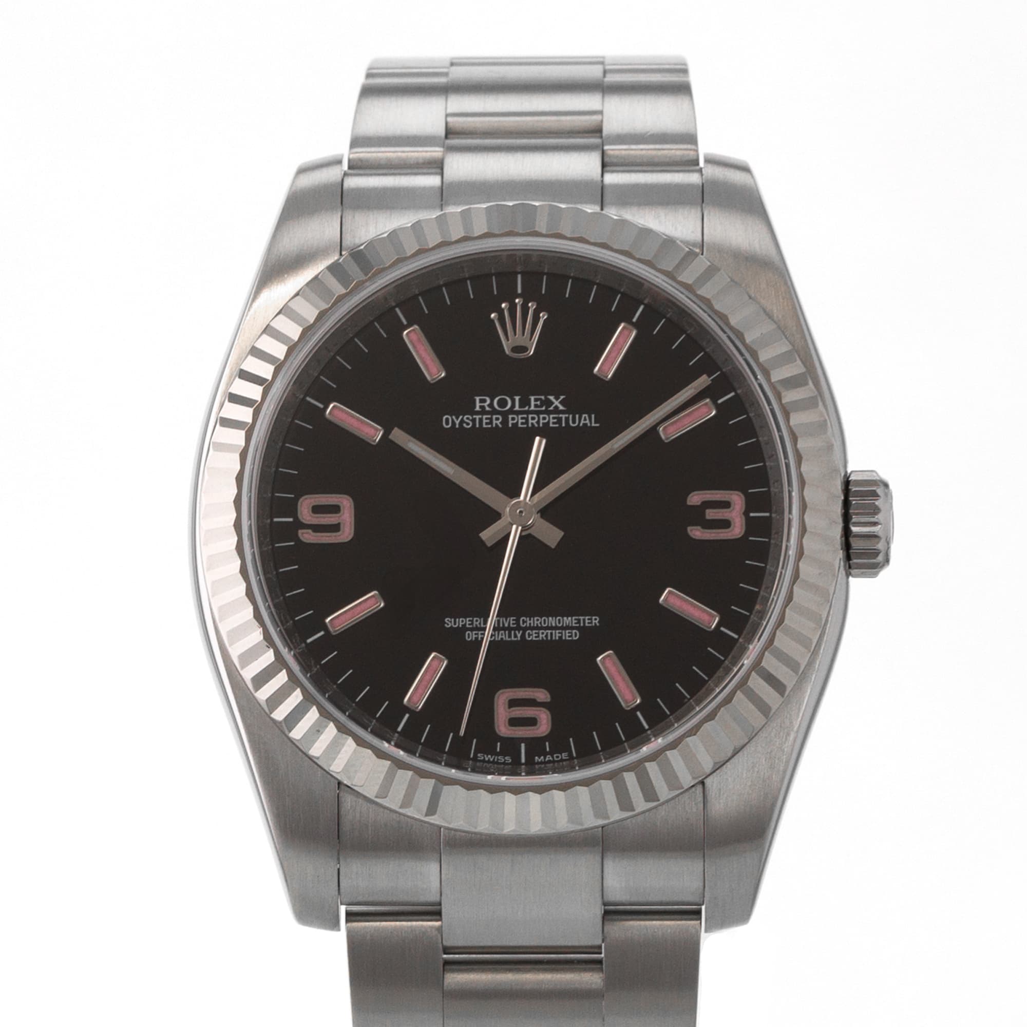 Rolex Oyster Perpetual 116034 Black Pink White Gold Fluted Oyster Mens Watch