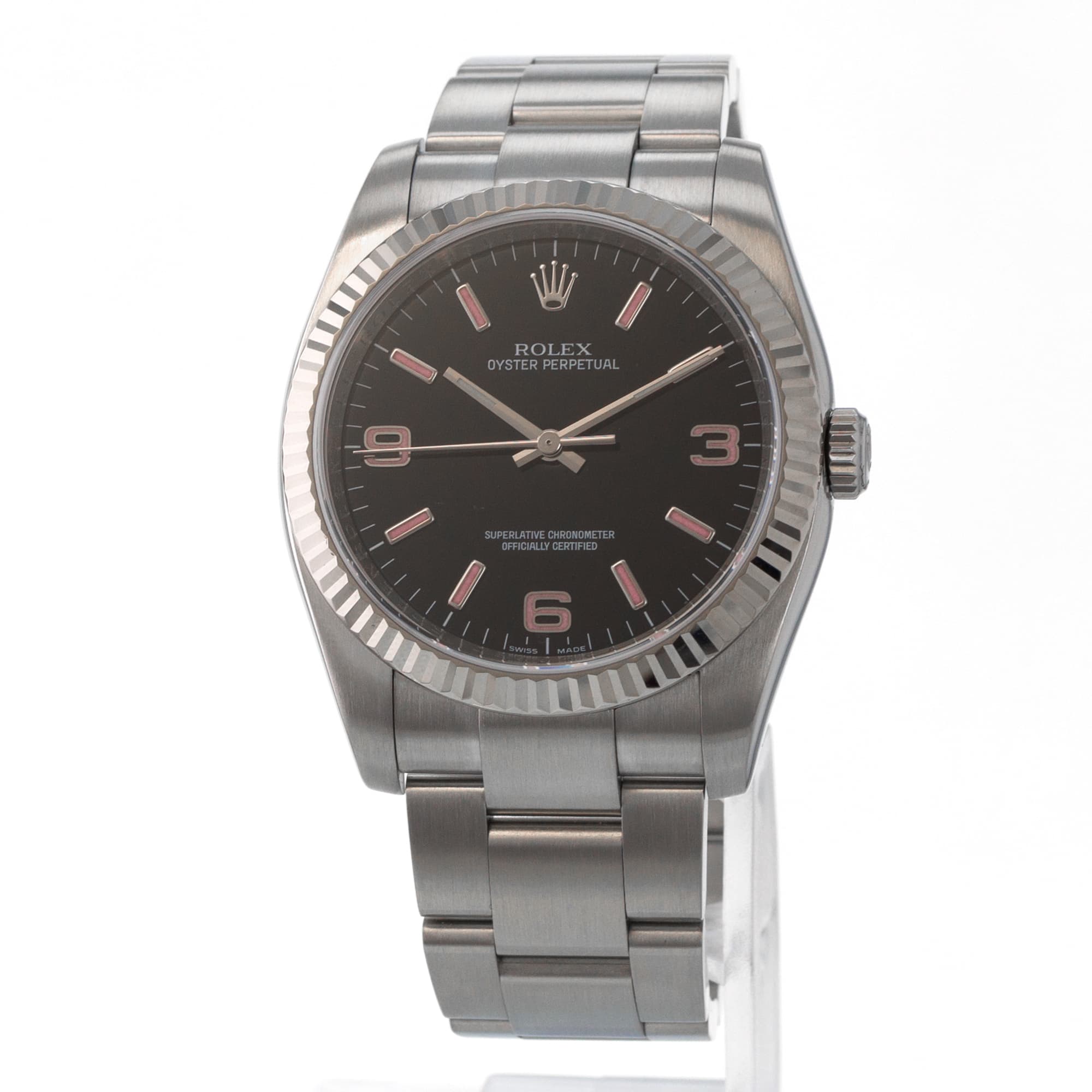 Rolex Oyster Perpetual 116034 Black Pink White Gold Fluted Oyster Mens Watch
