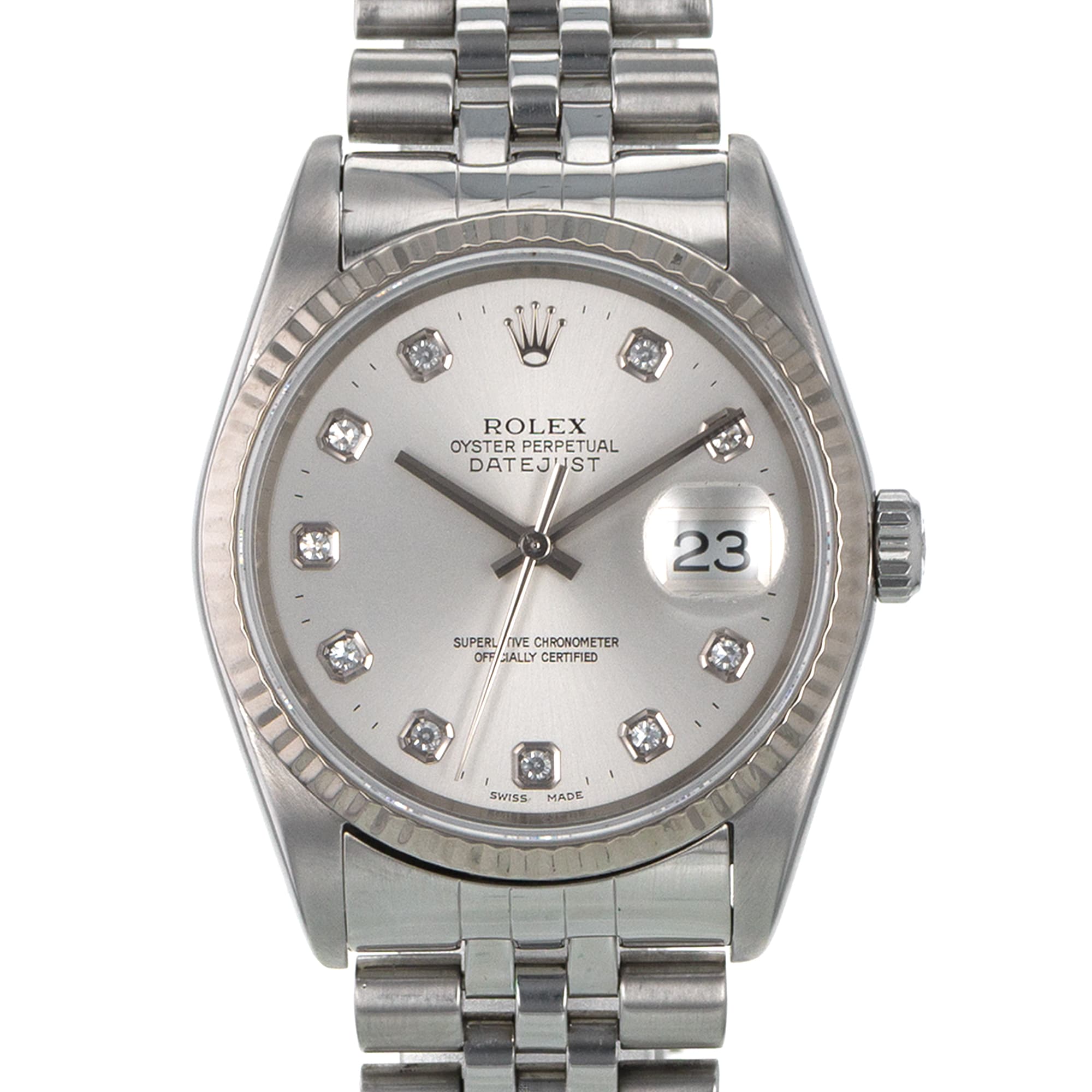 Rolex Datejust 36 16234 Factory Silver Diamond Dial Fluted White Gold Mens Watch