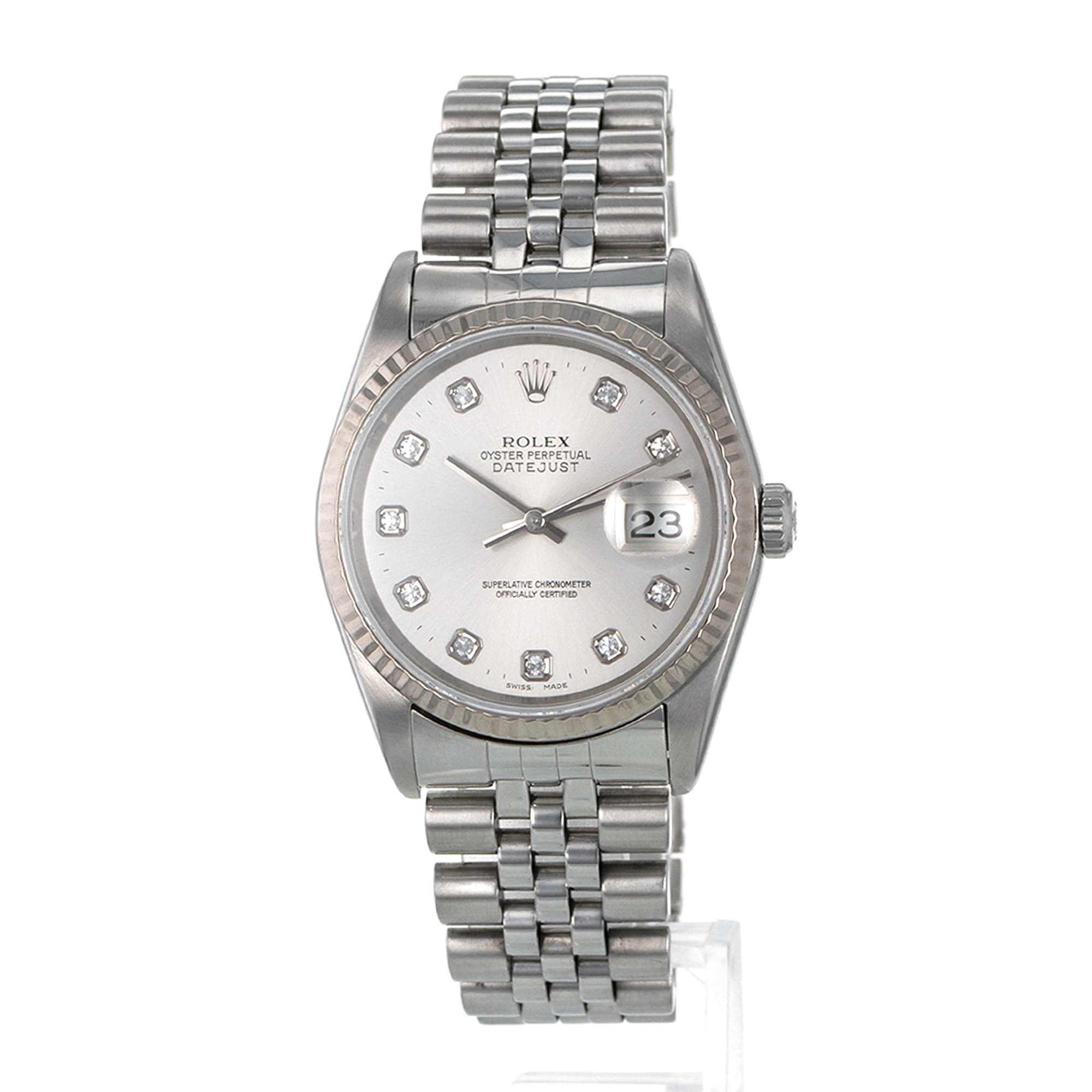 Rolex Datejust 36 16234 Factory Silver Diamond Dial Fluted White Gold Mens Watch