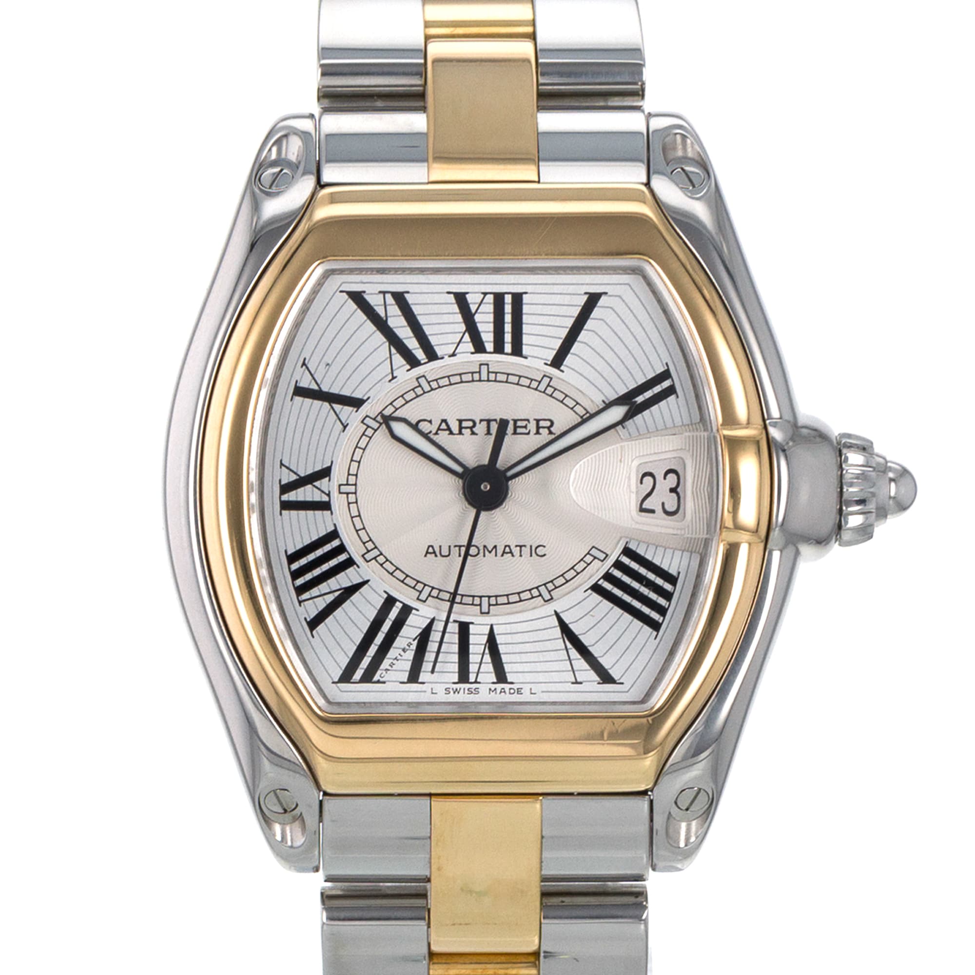 Cartier Roadster W62031Y4 2510 Silver Roman Steel 18k Yellow Gold Mens Watch