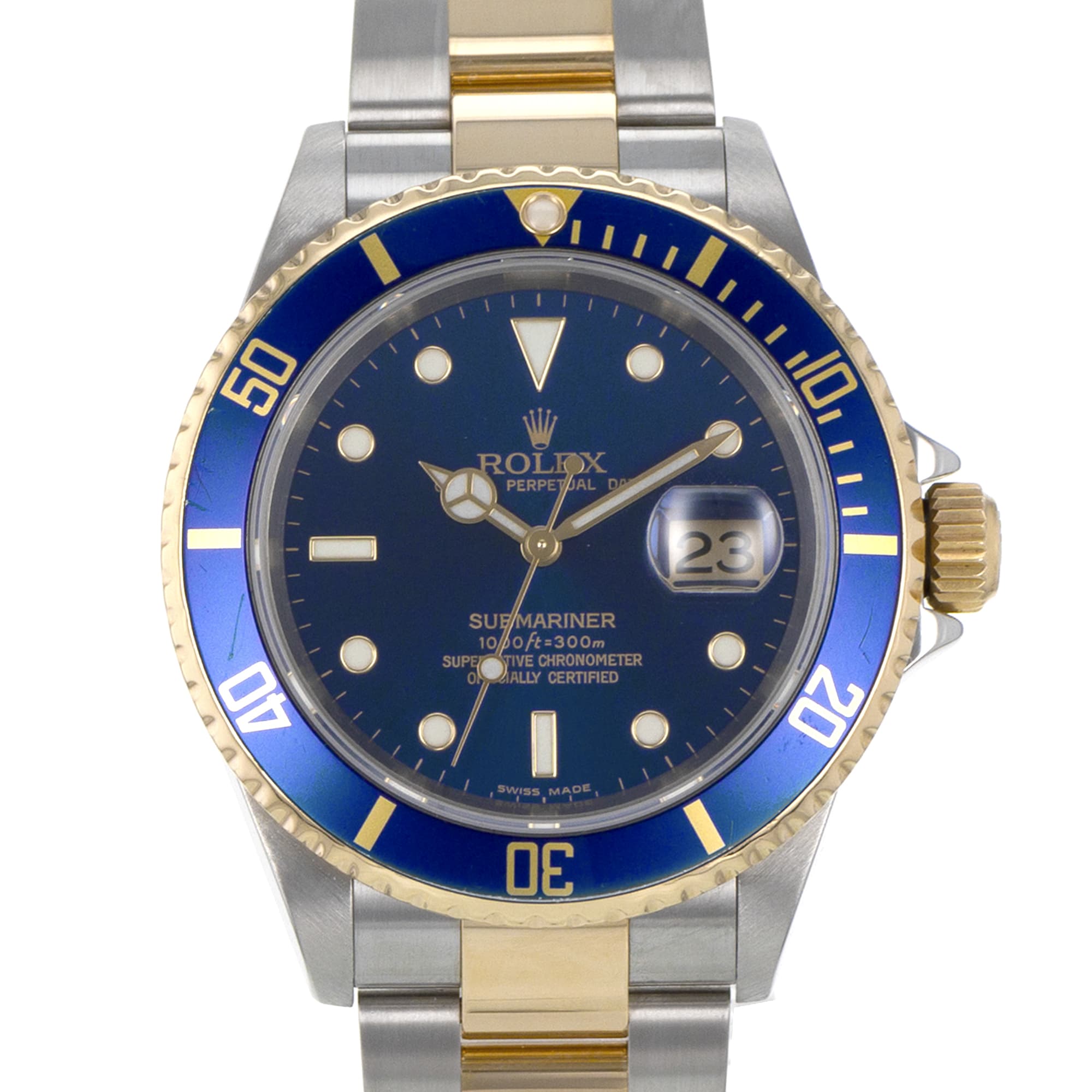 Rolex Submariner 16613 Blue 18k Yellow Gold Stickers Diver Mens Watch