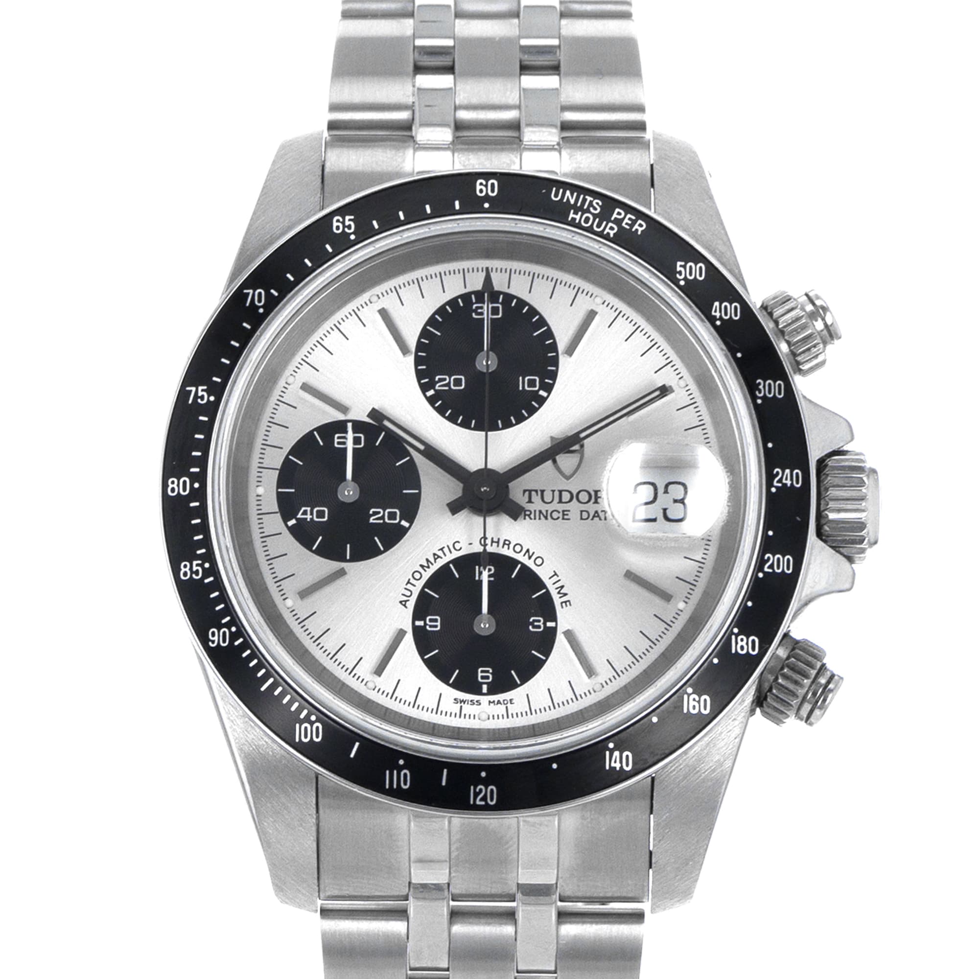 Tudor Prince Date 79260 40mm Panda Silver Black Steel Chronograph Mens Watch