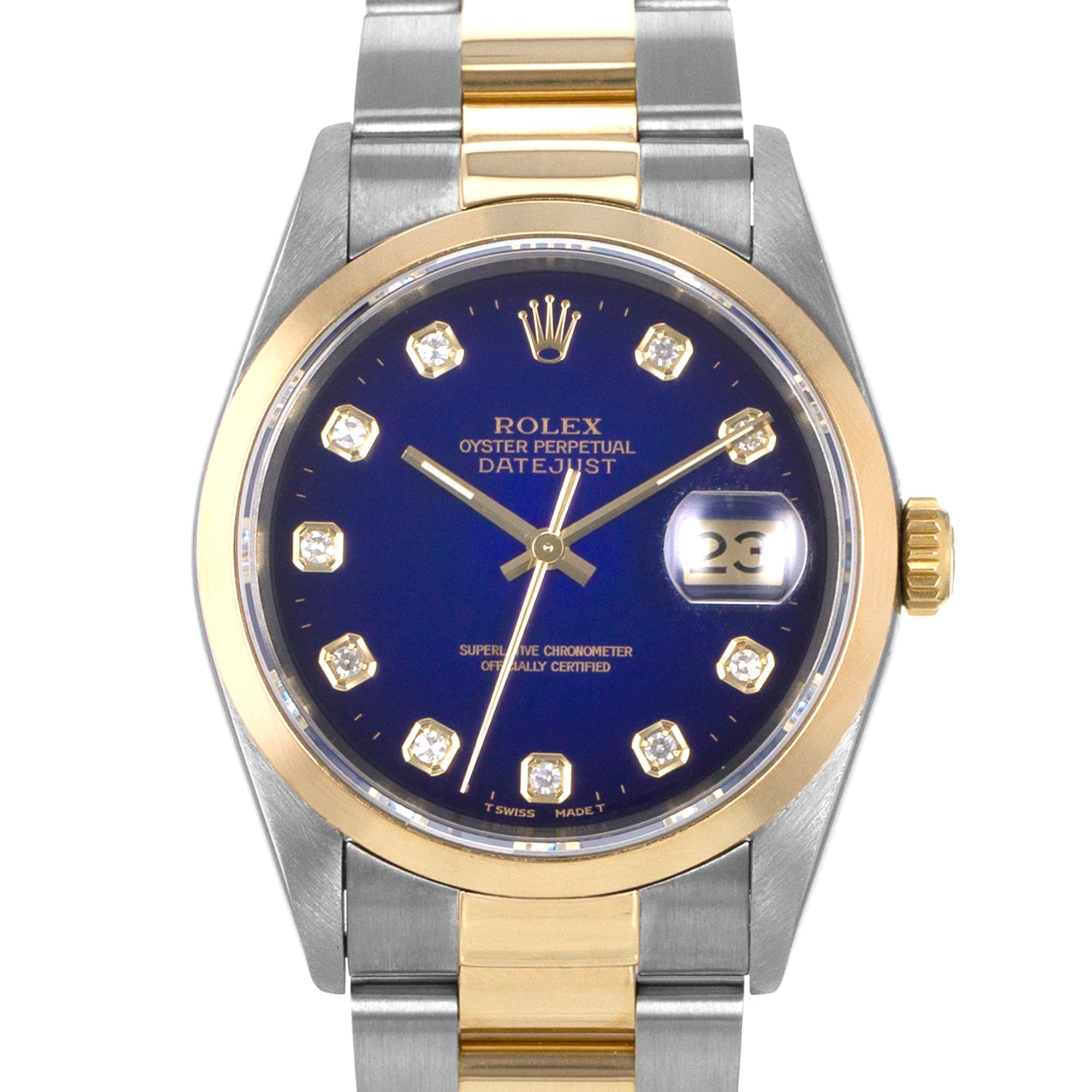 Rolex Datejust 36 16203 Blue Vignette Diamond Steel Yellow Gold Mens Watch 1995