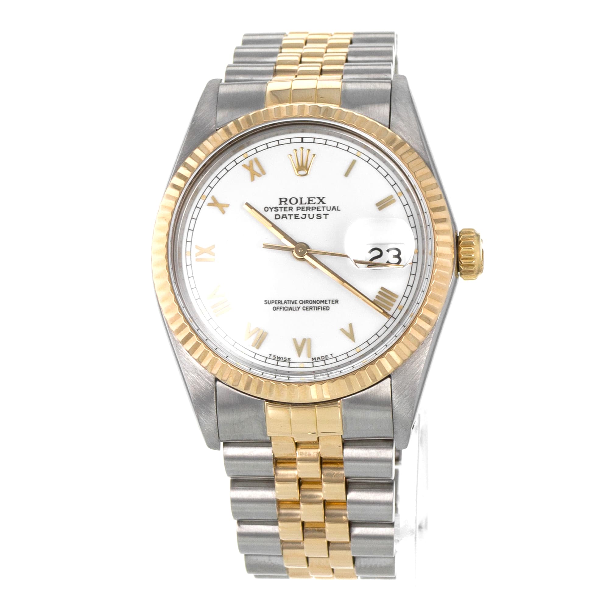 Rolex Datejust 36 16013 White Roman Steel 18k Yellow Gold Jubilee Mens Watch